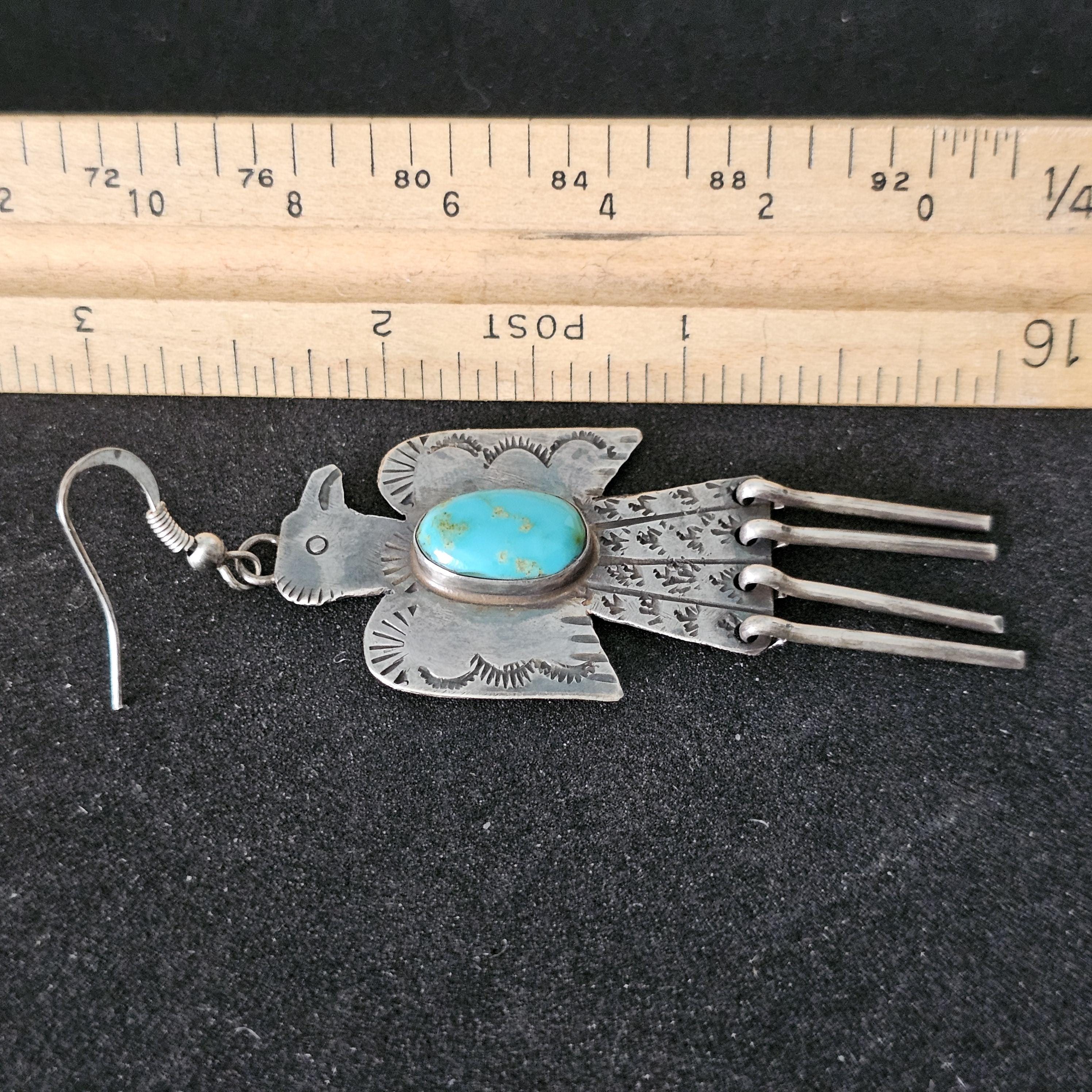 Thunderbird Turquoise Native Earrings Old Pawn 2 1/2"  JE  637
