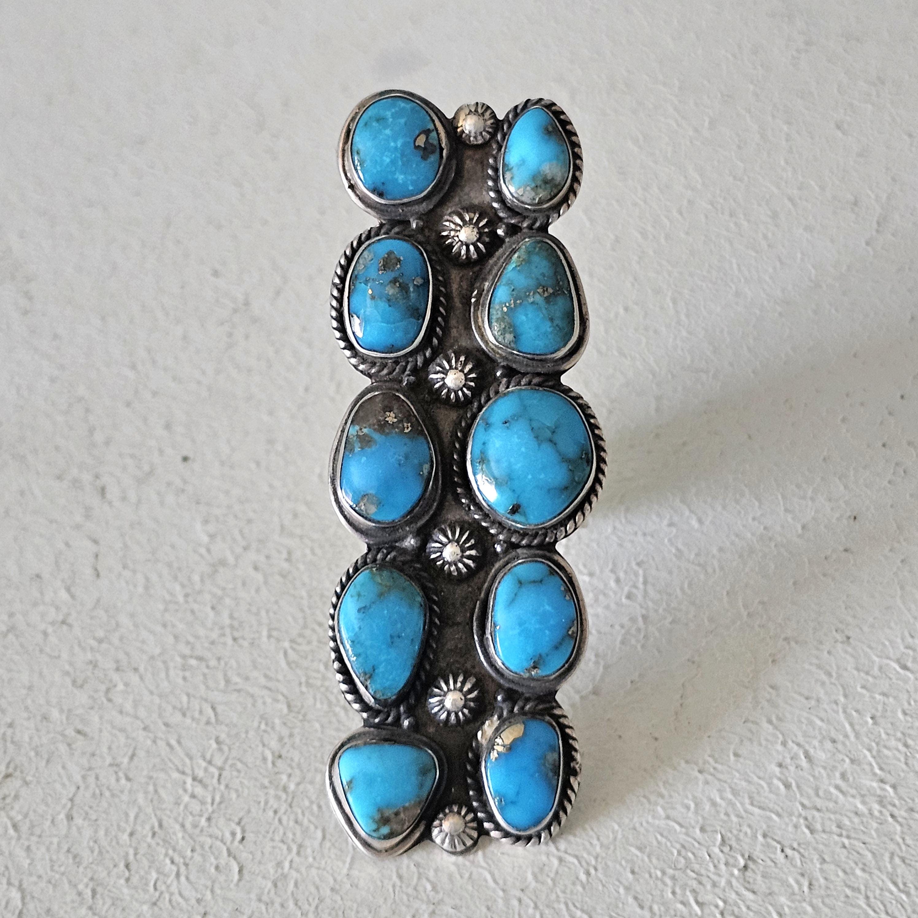 Dramatic Long Blue Turquoise Vintage Ring Old Pawn Size 10  JR 451
