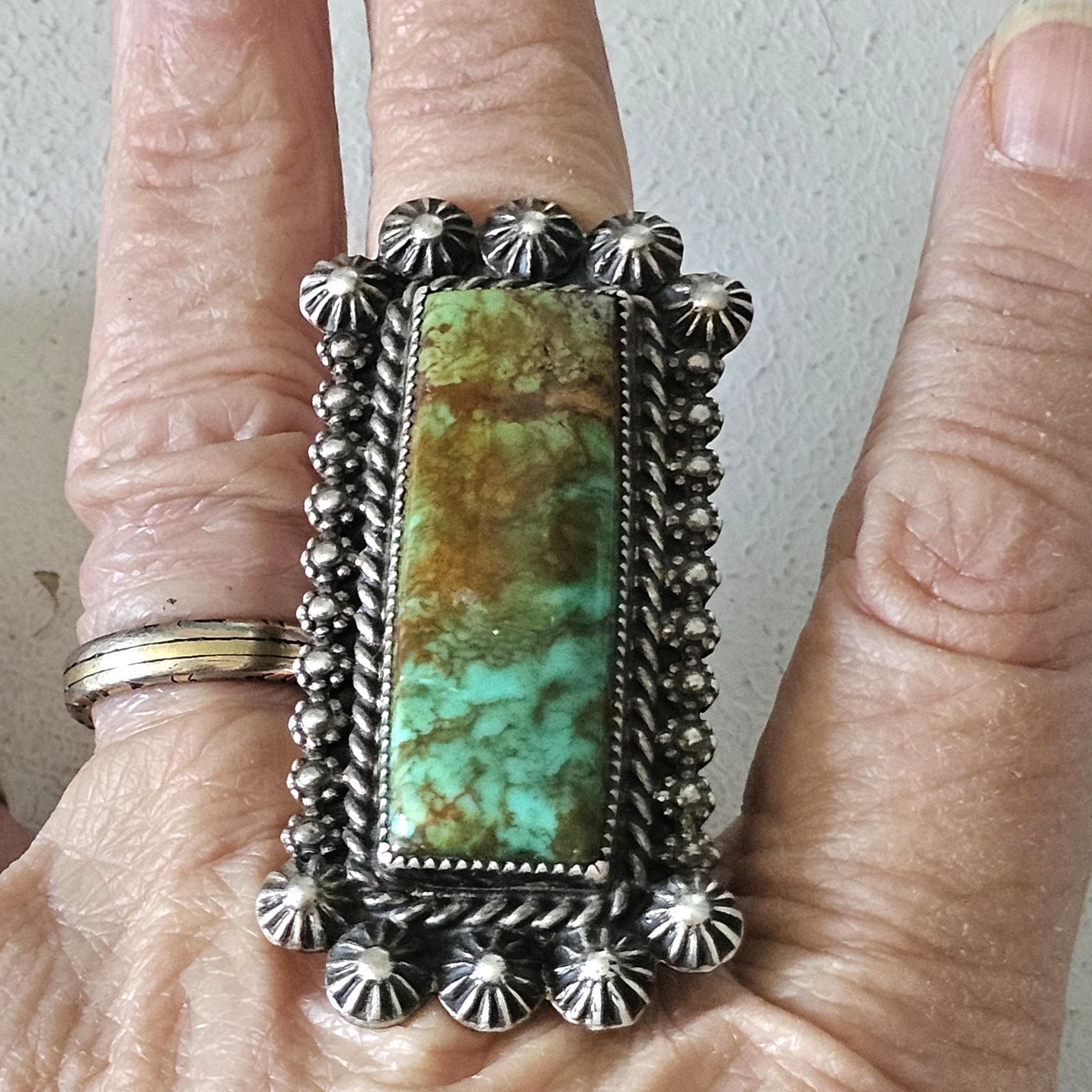 Long Green Turquoise Vintage Ring Old Pawn Size 10 1/2  JR 445