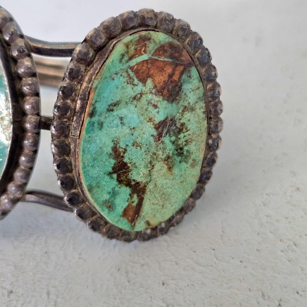 3 Good Royston Turquoise Stones Vintage Native Old Pawn Cuff  fits 6 1/2" wrist. JB 249