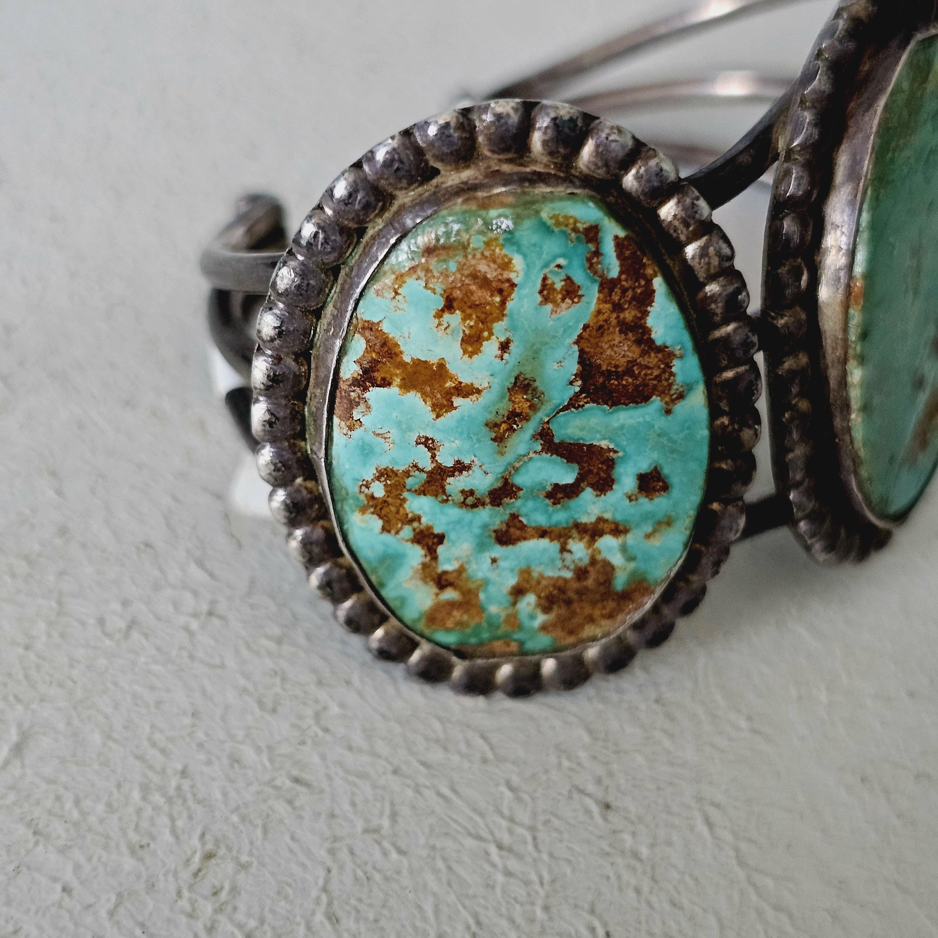3 Good Royston Turquoise Stones Vintage Native Old Pawn Cuff  fits 6 1/2" wrist. JB 249