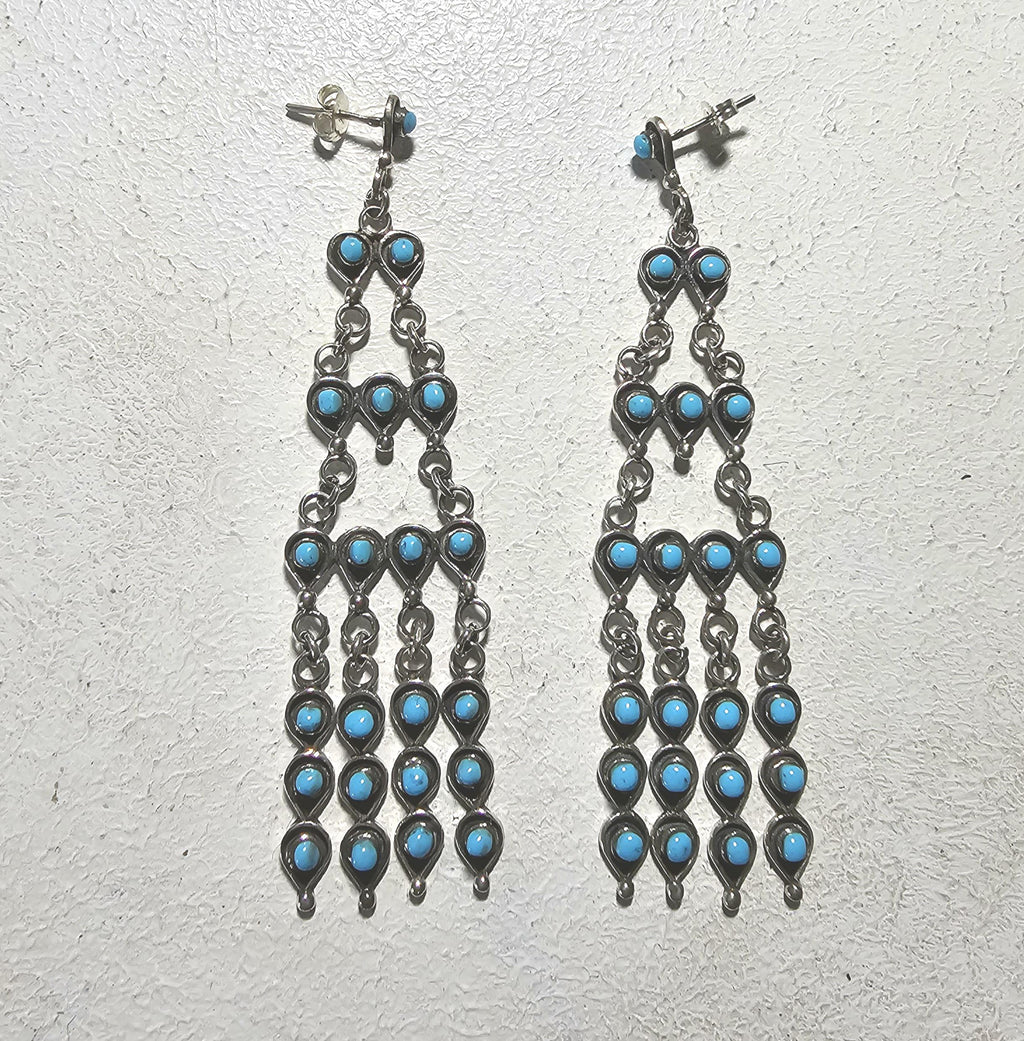 Long 3" Vintage Turquoise Zuni Raincloud Earrings Old Pawn JE 638