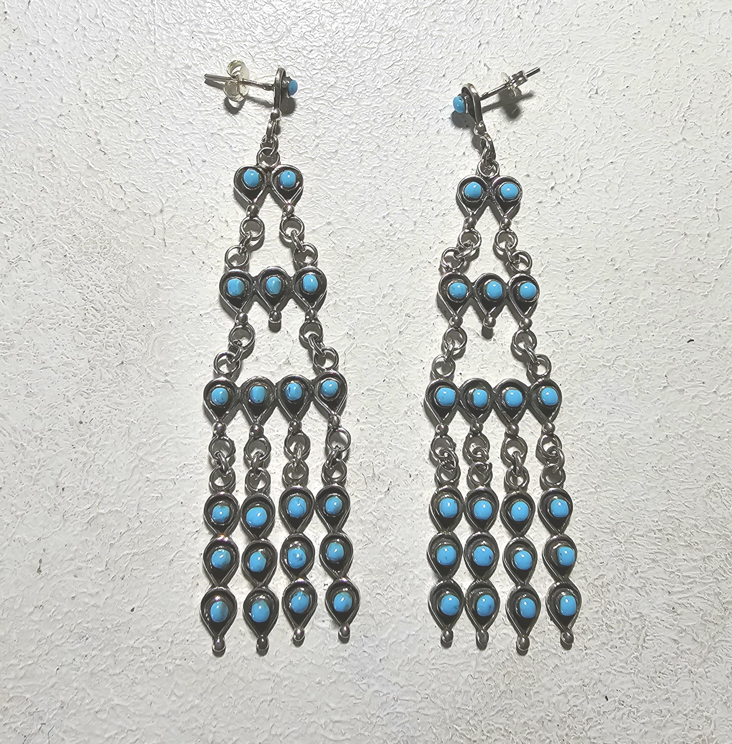 Long 3" Vintage Turquoise Zuni Raincloud Earrings Old Pawn JE 638