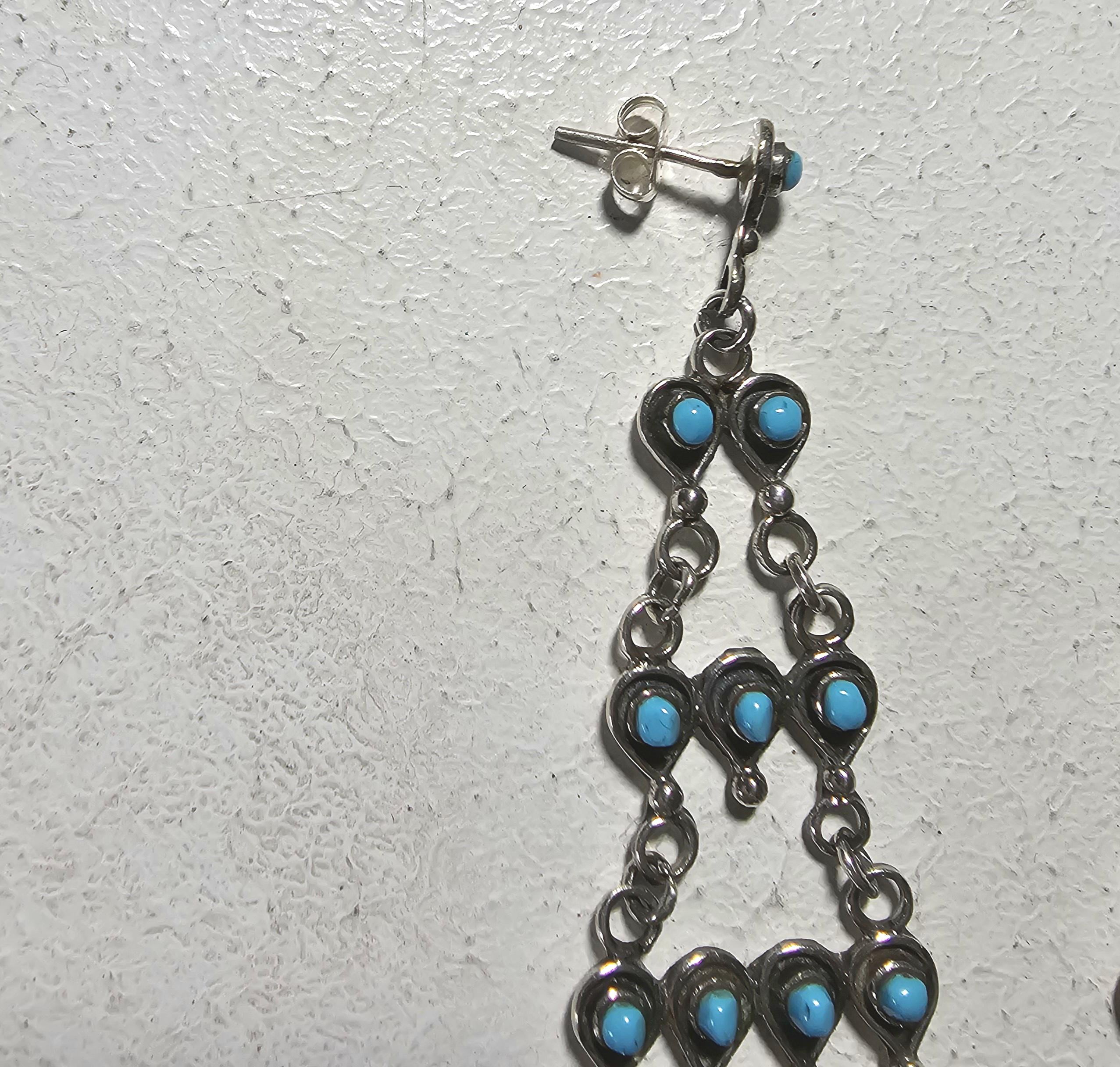 Long 3" Vintage Turquoise Zuni Raincloud Earrings Old Pawn JE 638