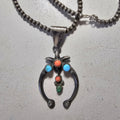Naja Squash Blossom Turquoise & Coral Native Sterling Necklace  Old Pawn C1970s JN 803