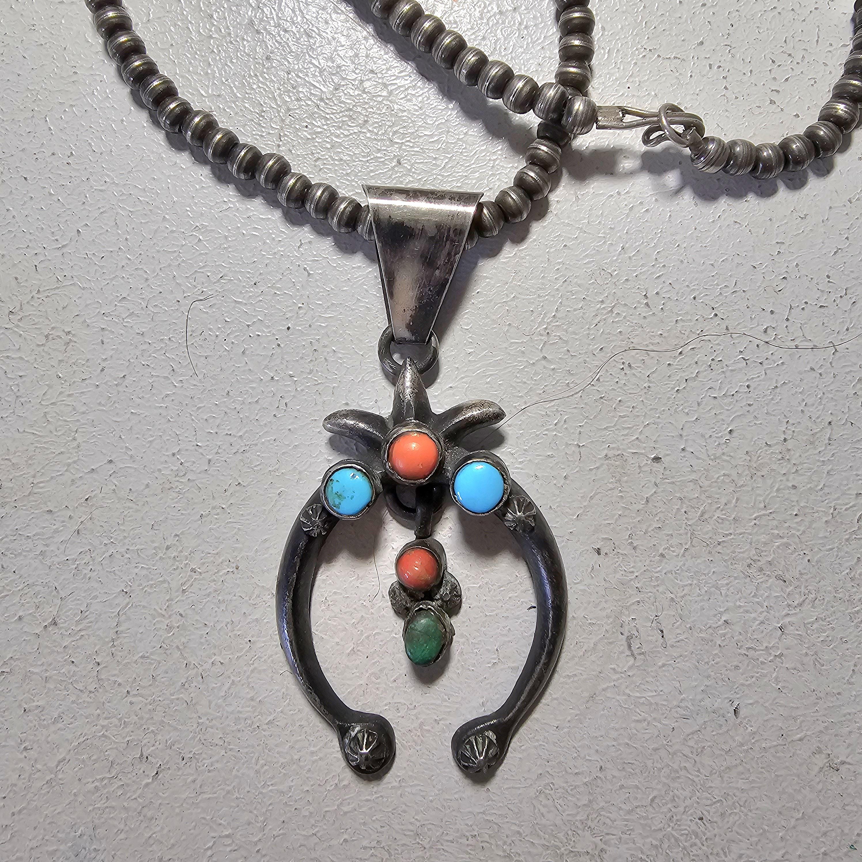 Naja Squash Blossom Turquoise & Coral Native Sterling Necklace  Old Pawn C1970s JN 803