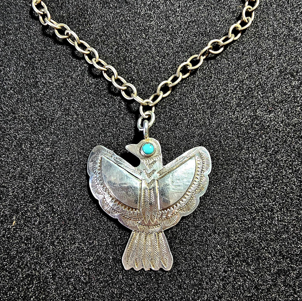 1930s Silver & Turquoise Thunderbird Necklace Vintage Old Pawn JN 806