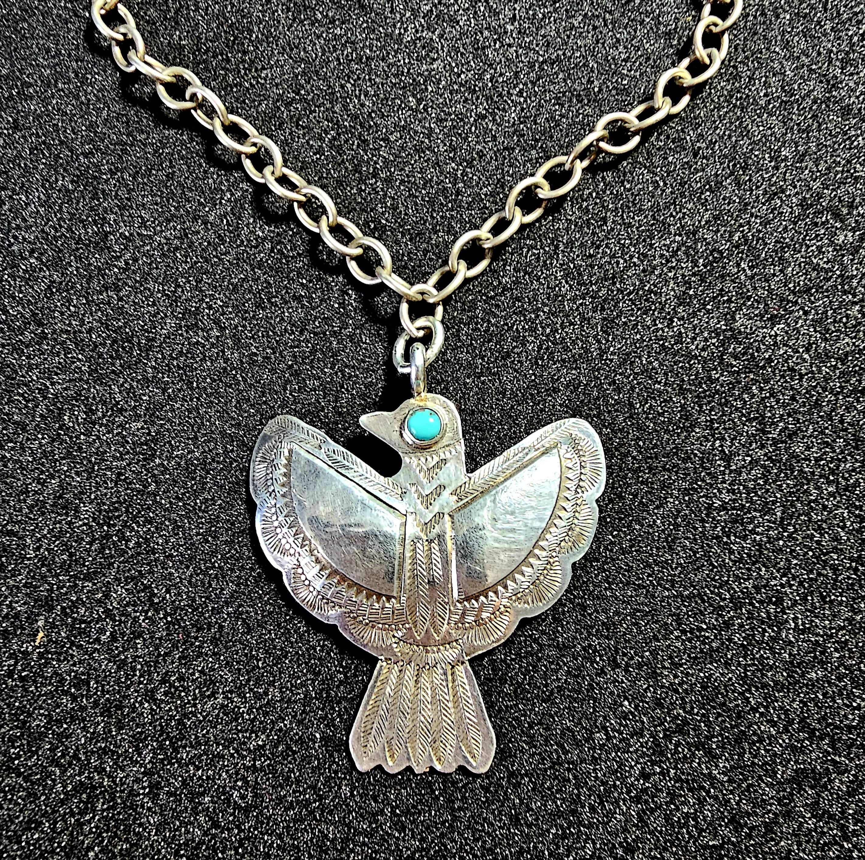 1930s Silver & Turquoise Thunderbird Necklace Vintage Old Pawn JN 806