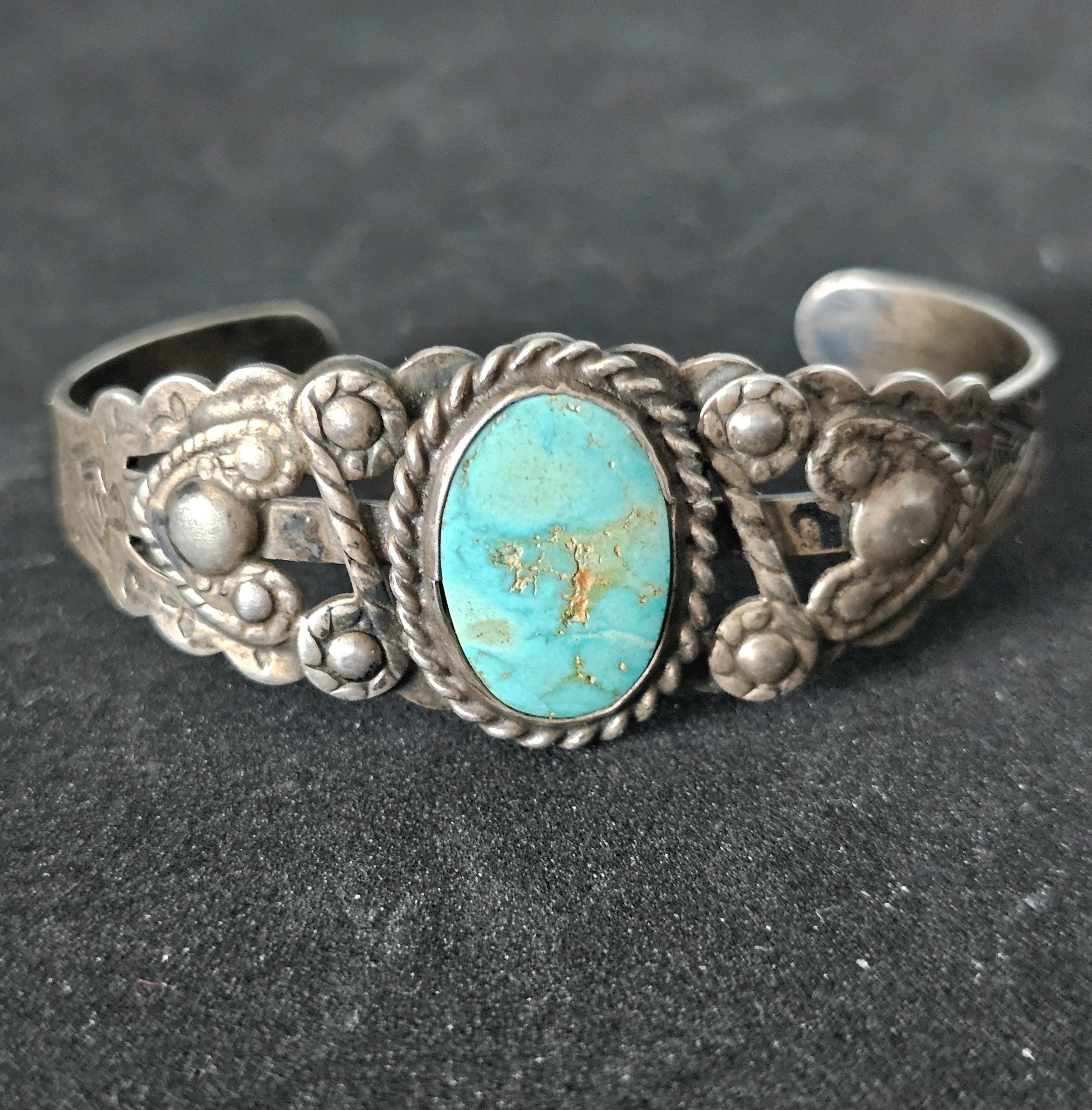 1930s Blue Turquoise Harvey Era Sterling Native  Vintage Cuff JB 266 6 3/4" wrist