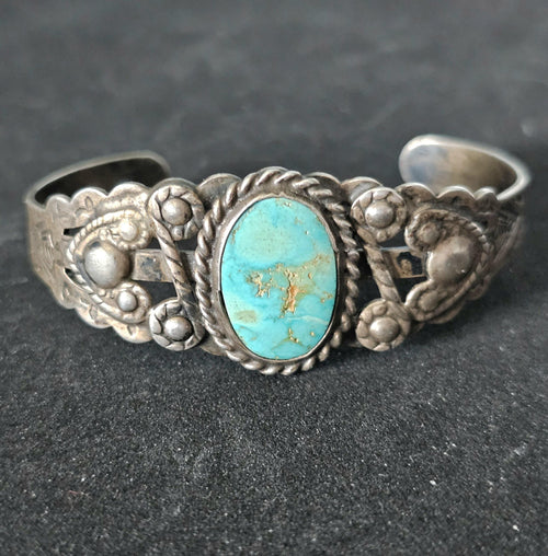 1930s Blue Turquoise Harvey Era Sterling Native  Vintage Cuff JB 266 6 3/4" wrist