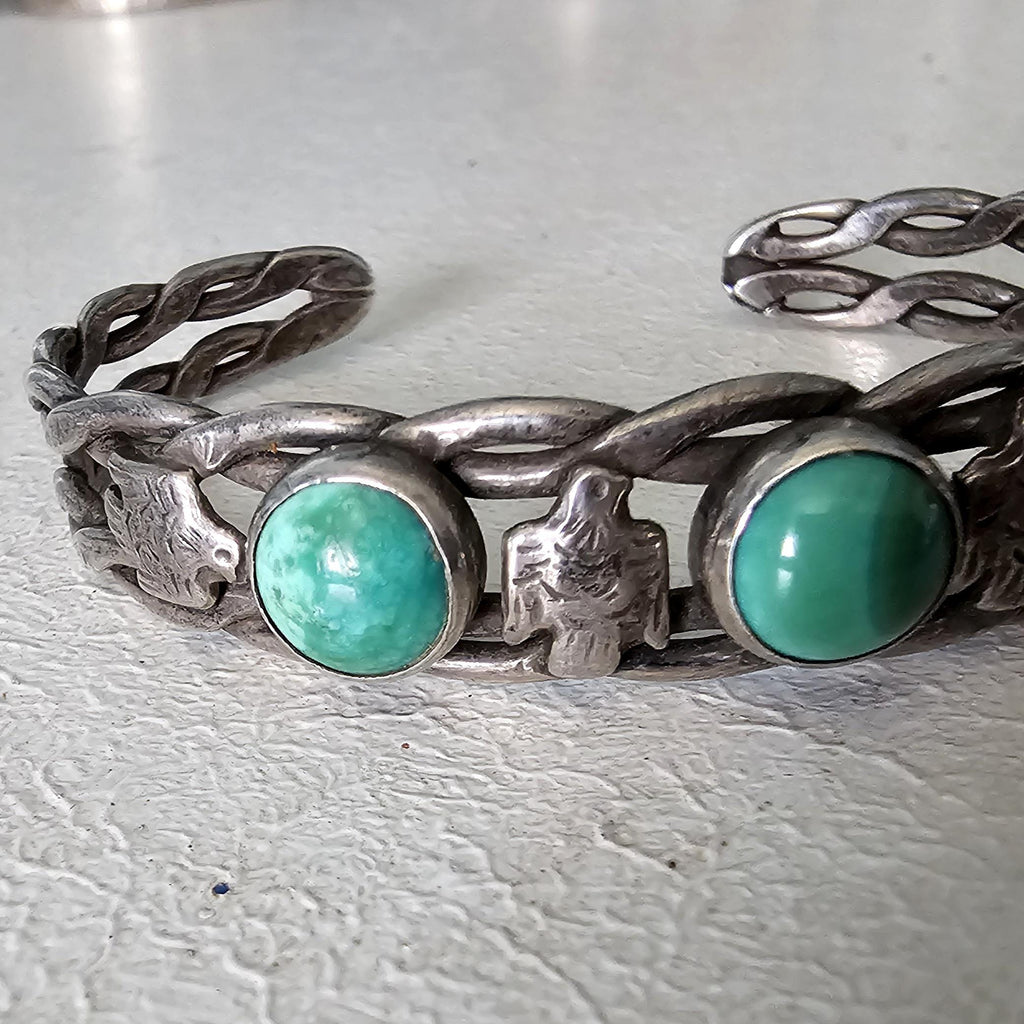 1930s Thunderbird Green Turquoise Sterling Native  Vintage Cuff JB 258  6 3/4" wrist