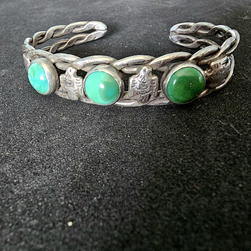 1930s Thunderbird Green Turquoise Sterling Native  Vintage Cuff JB 258  6 3/4" wrist