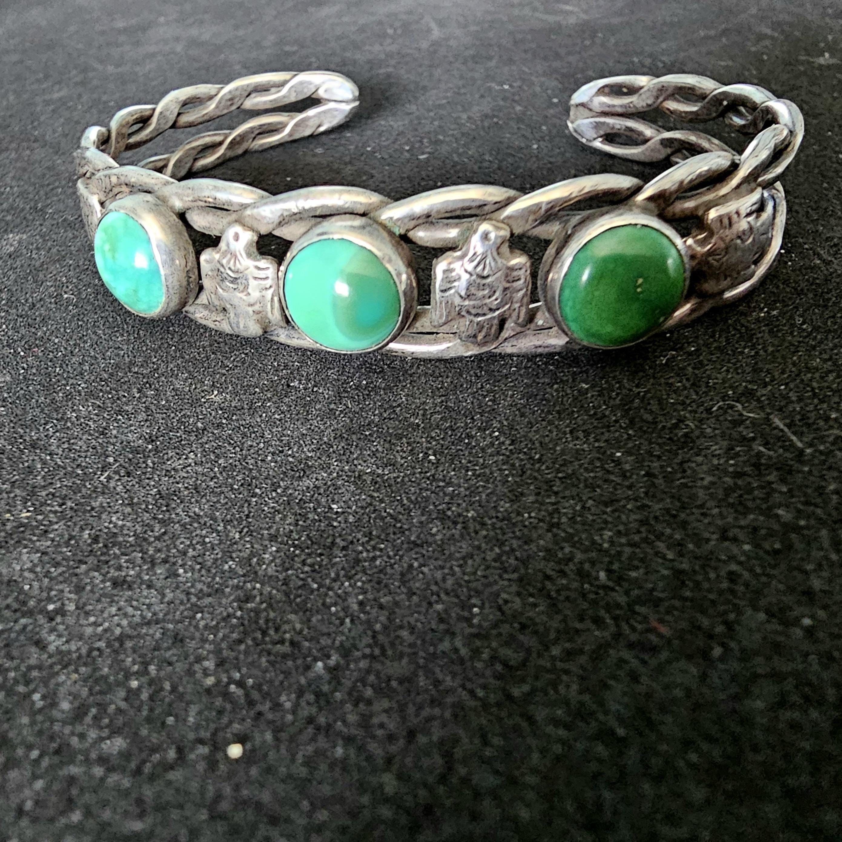 1930s Thunderbird Green Turquoise Sterling Native  Vintage Cuff JB 258  6 3/4" wrist