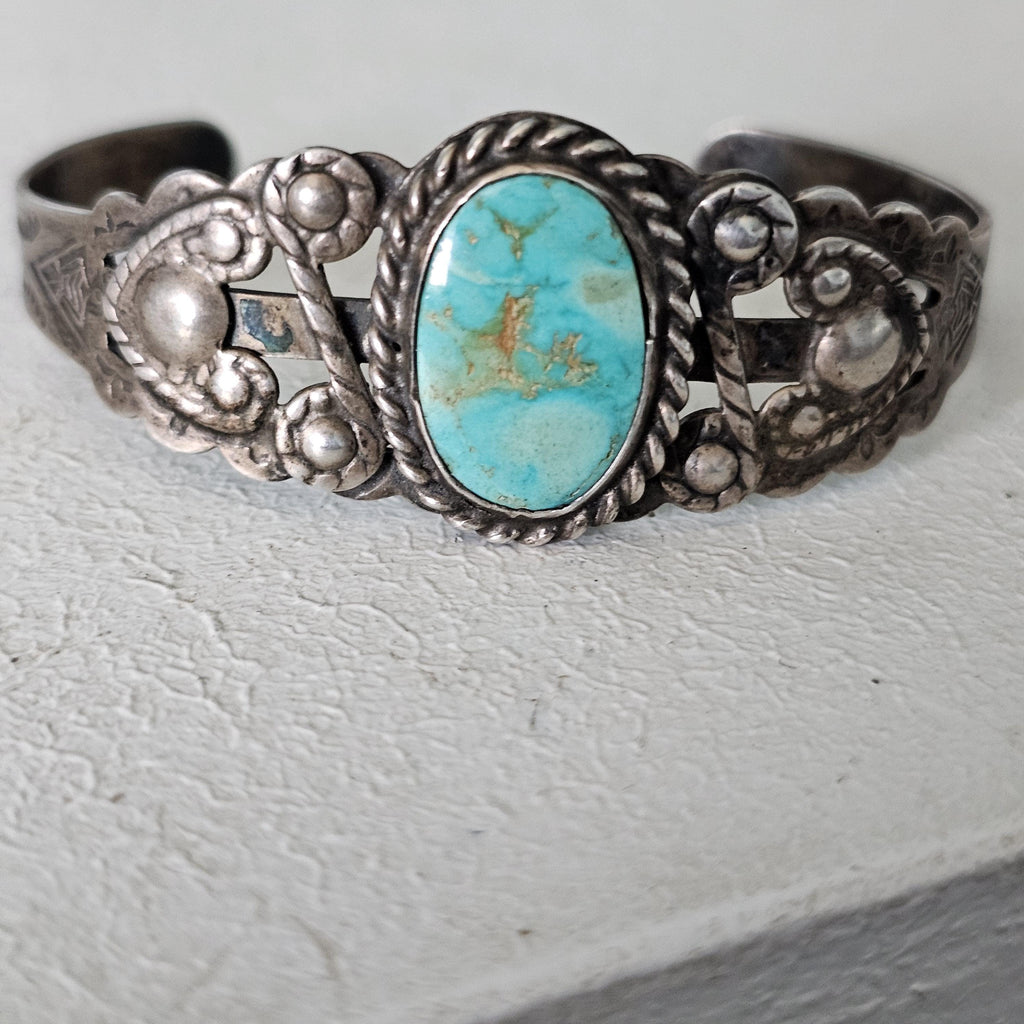1930s Blue Turquoise Harvey Era Sterling Native  Vintage Cuff JB 266 6 3/4" wrist