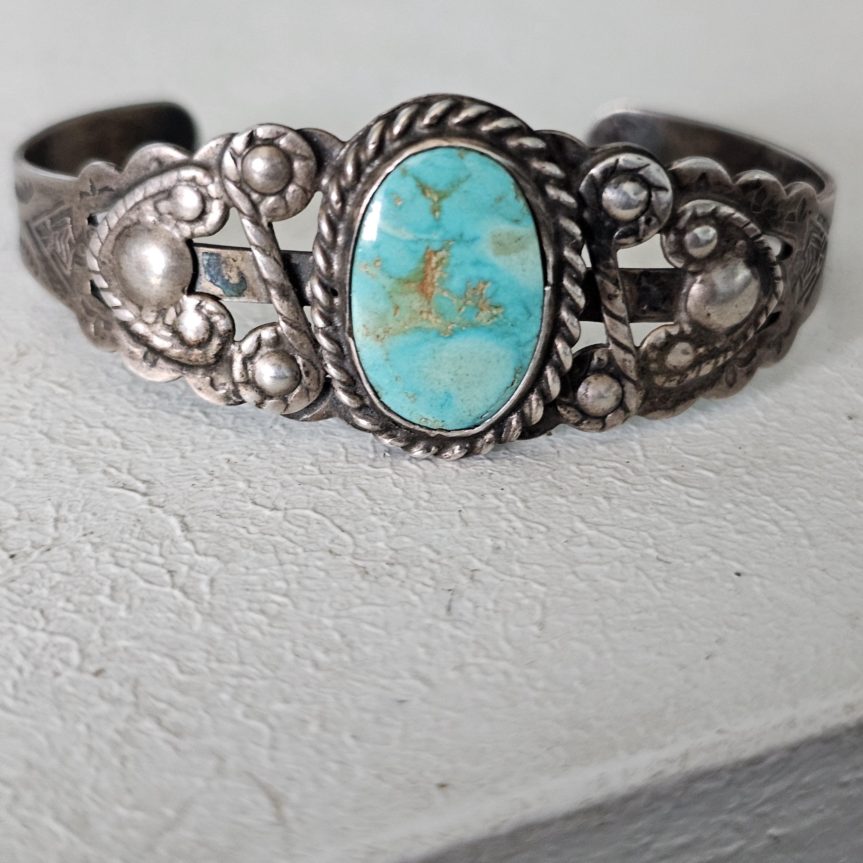 1930s Blue Turquoise Harvey Era Sterling Native  Vintage Cuff JB 266 6 3/4" wrist