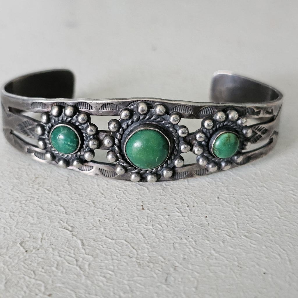 1930s Green Turquoise Sterling Native  Vintage Cuff  6 3/4" wrist   JB 272