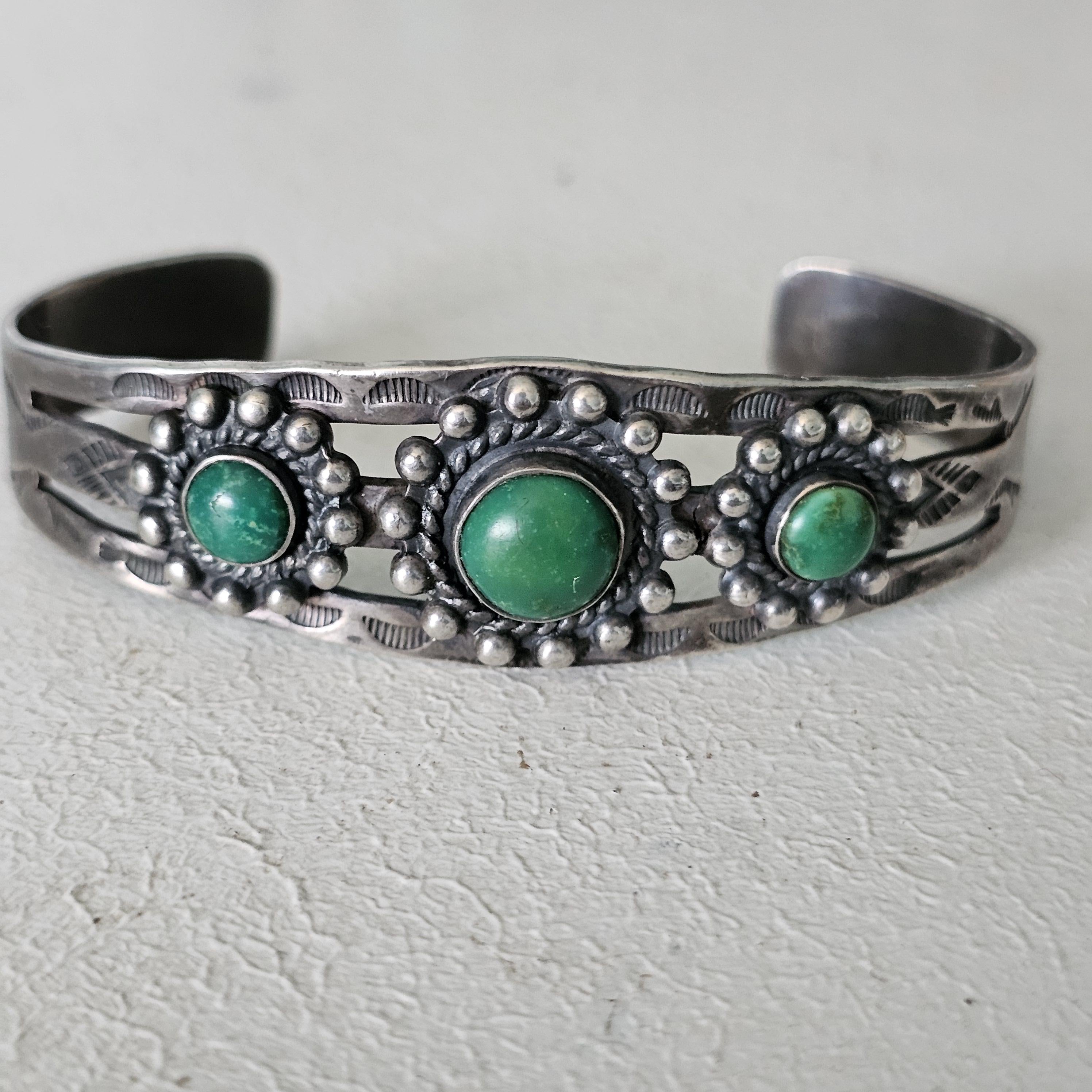 1930s Green Turquoise Sterling Native  Vintage Cuff  6 3/4" wrist   JB 272