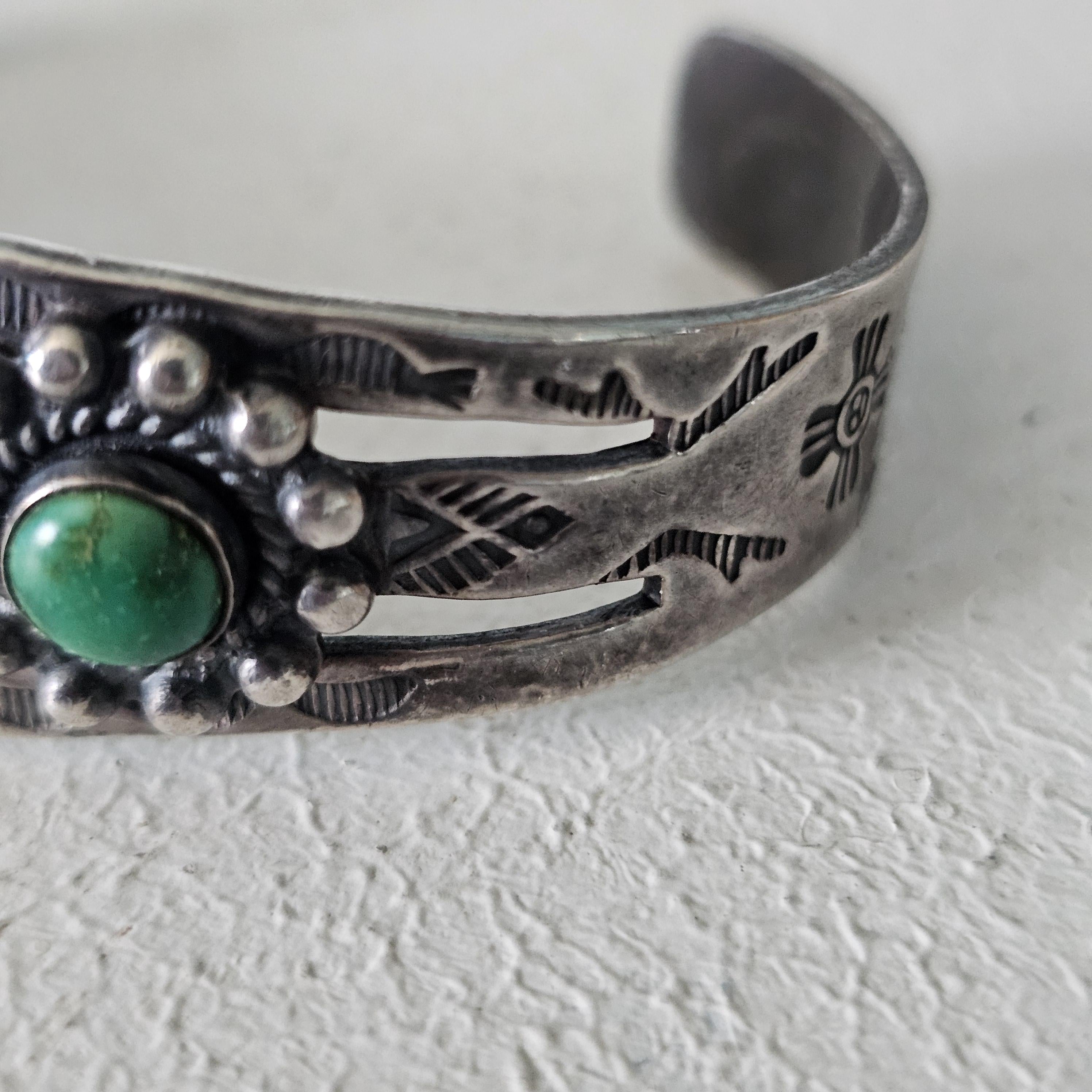 1930s Green Turquoise Sterling Native  Vintage Cuff  6 3/4" wrist   JB 272
