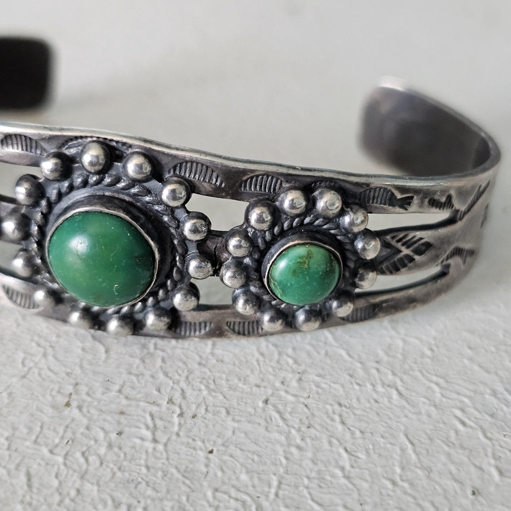 1930s Green Turquoise Sterling Native  Vintage Cuff  6 3/4" wrist   JB 272