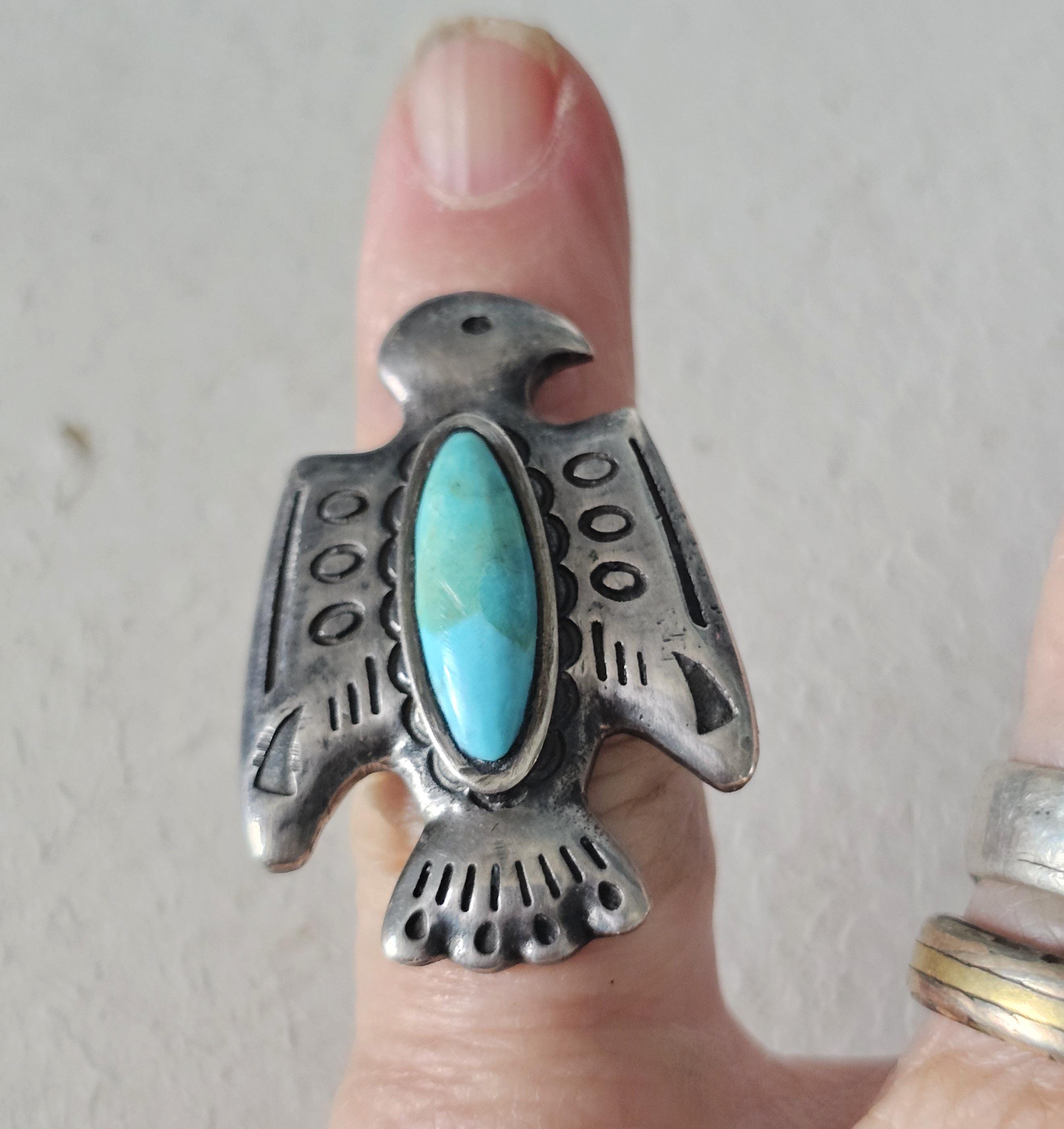 Thunderbird Shaped Turquoise Vintage Native Ring Sterling Old Pawn Size 5 JR 500