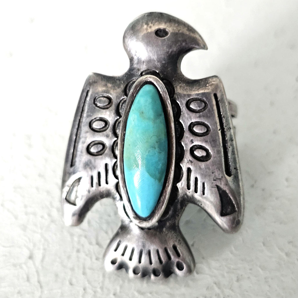 Thunderbird Shaped Turquoise Vintage Native Ring Sterling Old Pawn Size 5 JR 500