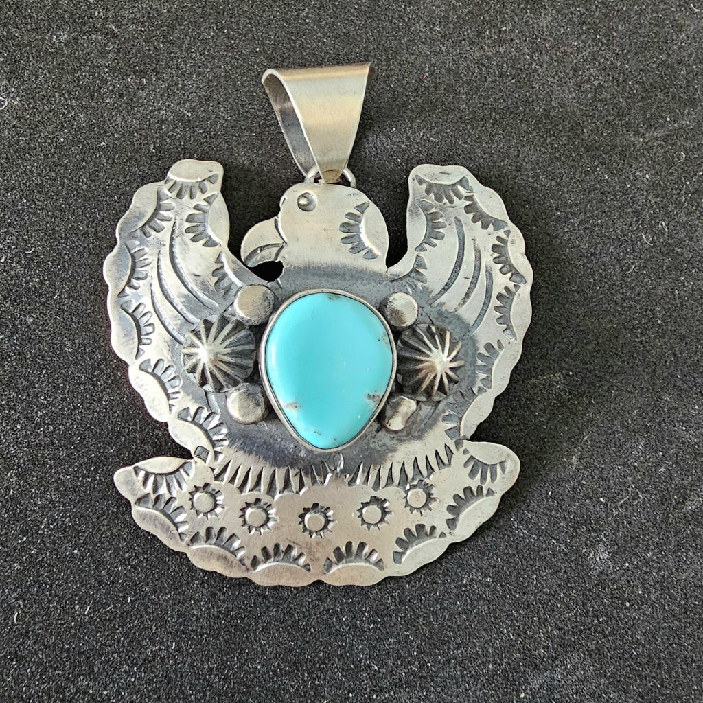 Big Thunderbird Turquoise Native Pendent Old Pawn Sterling # JPN 137