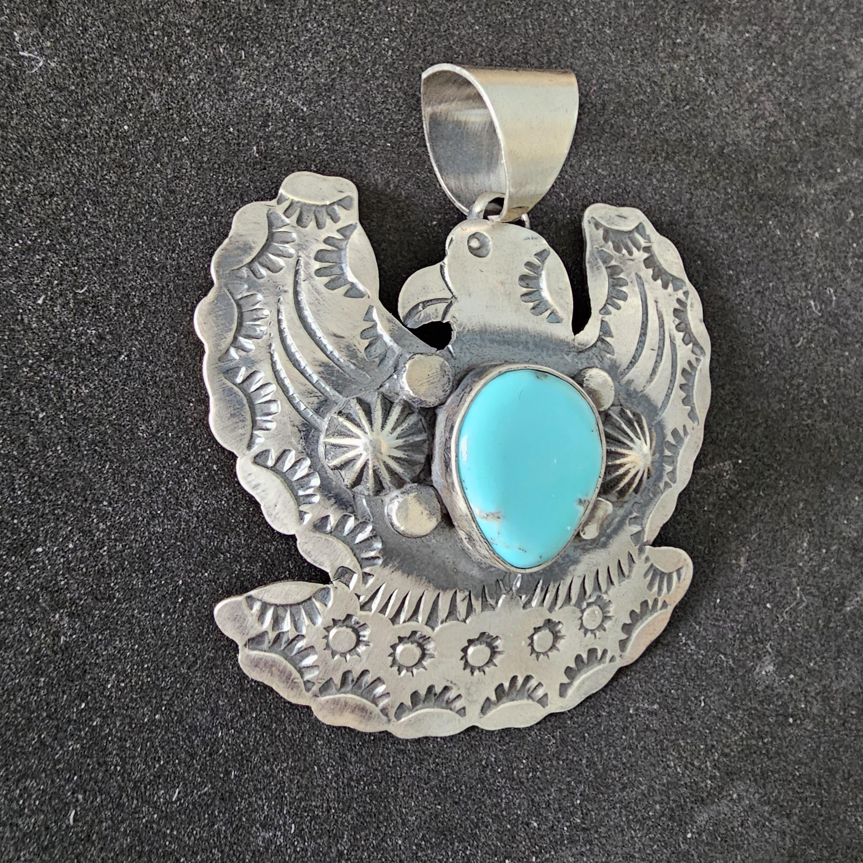 Big Thunderbird Turquoise Native Pendent Old Pawn Sterling # JPN 137