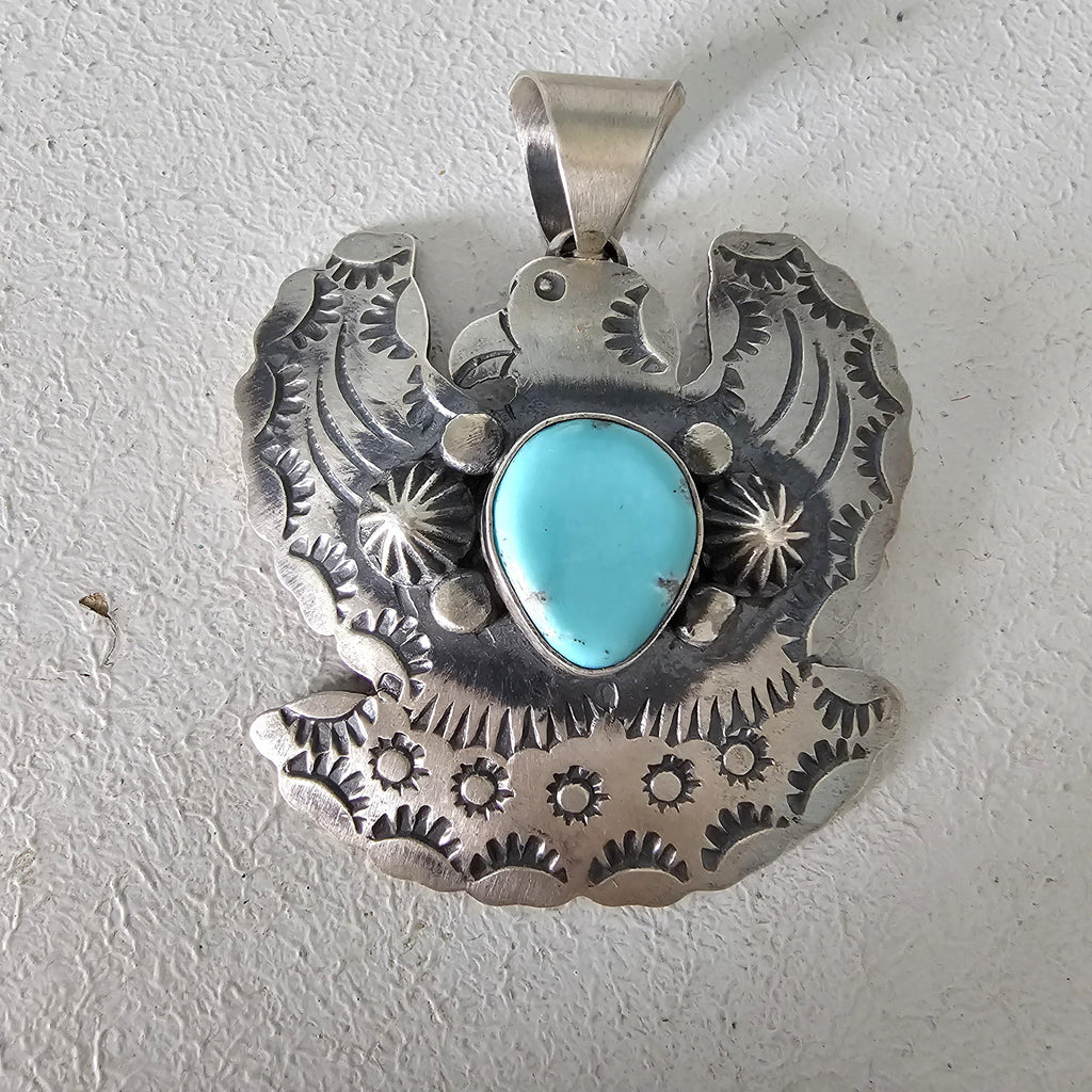 Big Thunderbird Turquoise Native Pendent Old Pawn Sterling # JPN 137