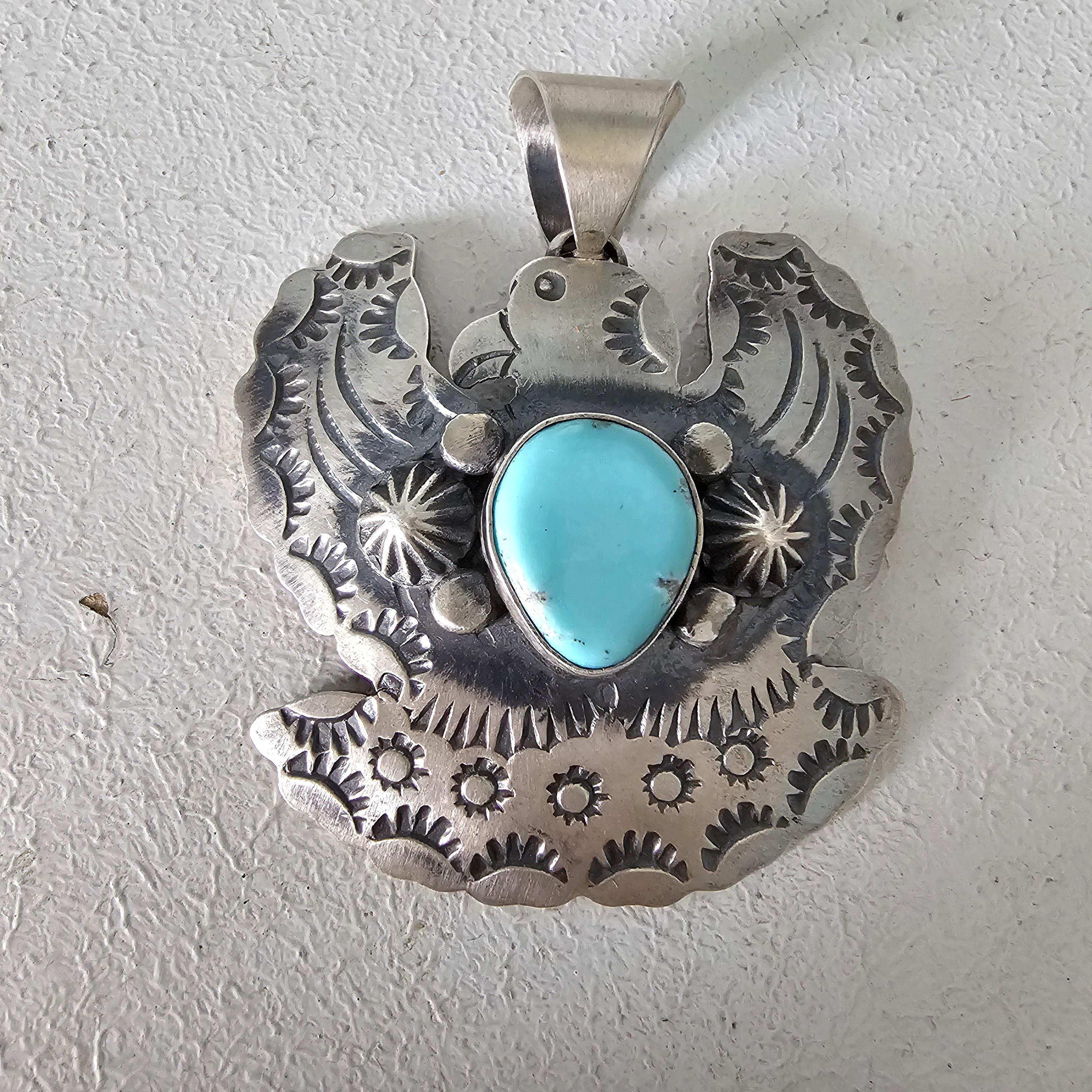 Big Thunderbird Turquoise Native Pendent Old Pawn Sterling # JPN 137