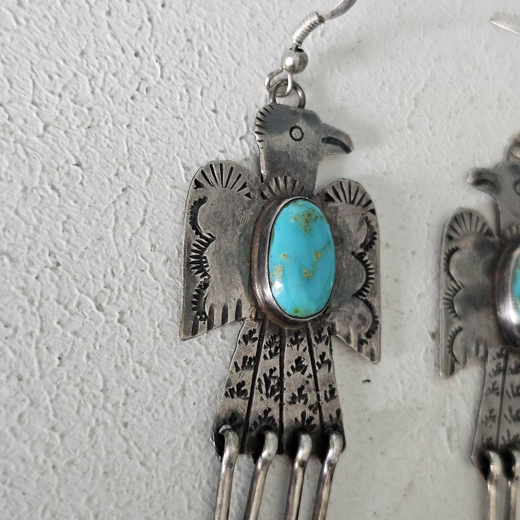 Thunderbird Turquoise Native Earrings Old Pawn 2 1/2"  JE  637