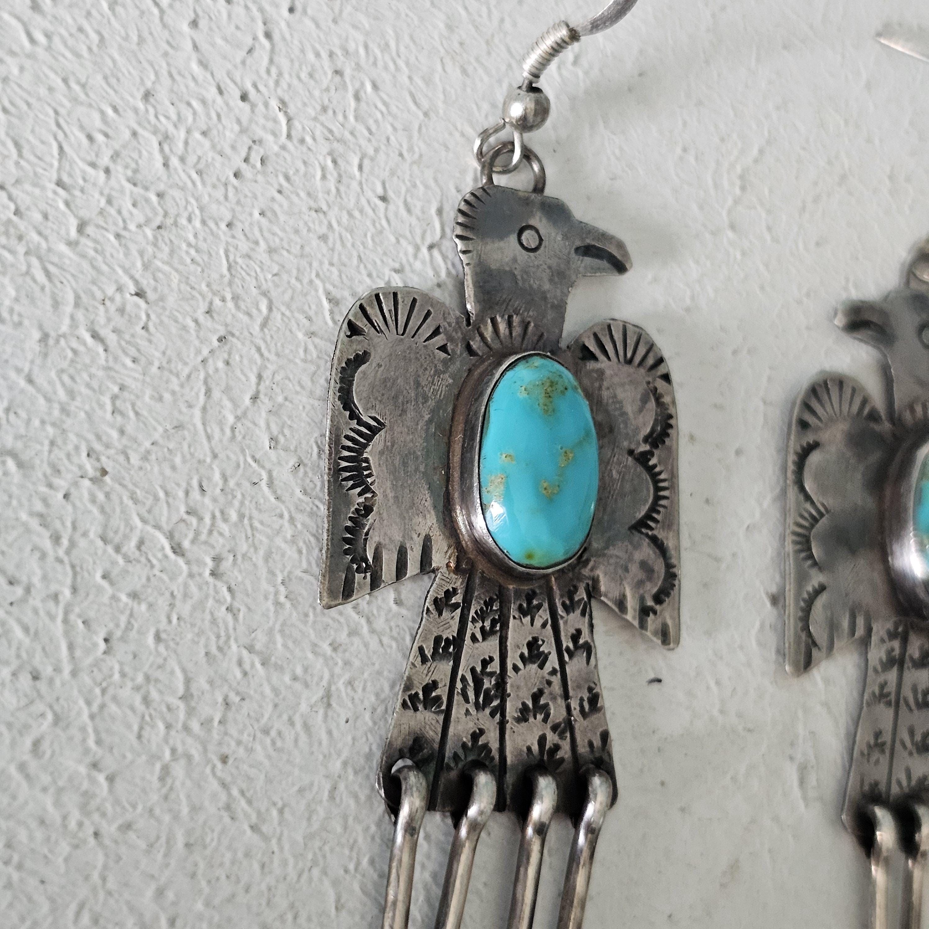 Thunderbird Turquoise Native Earrings Old Pawn 2 1/2"  JE  637