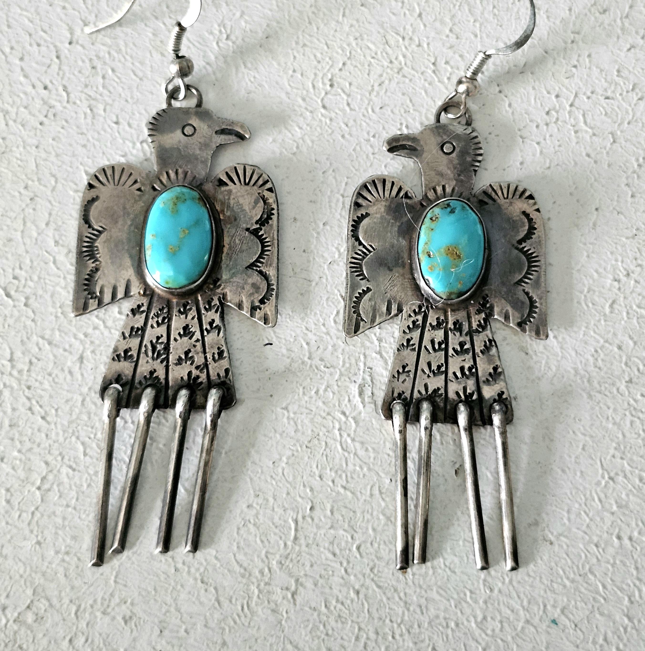 Thunderbird Turquoise Native Earrings Old Pawn 2 1/2"  JE  637