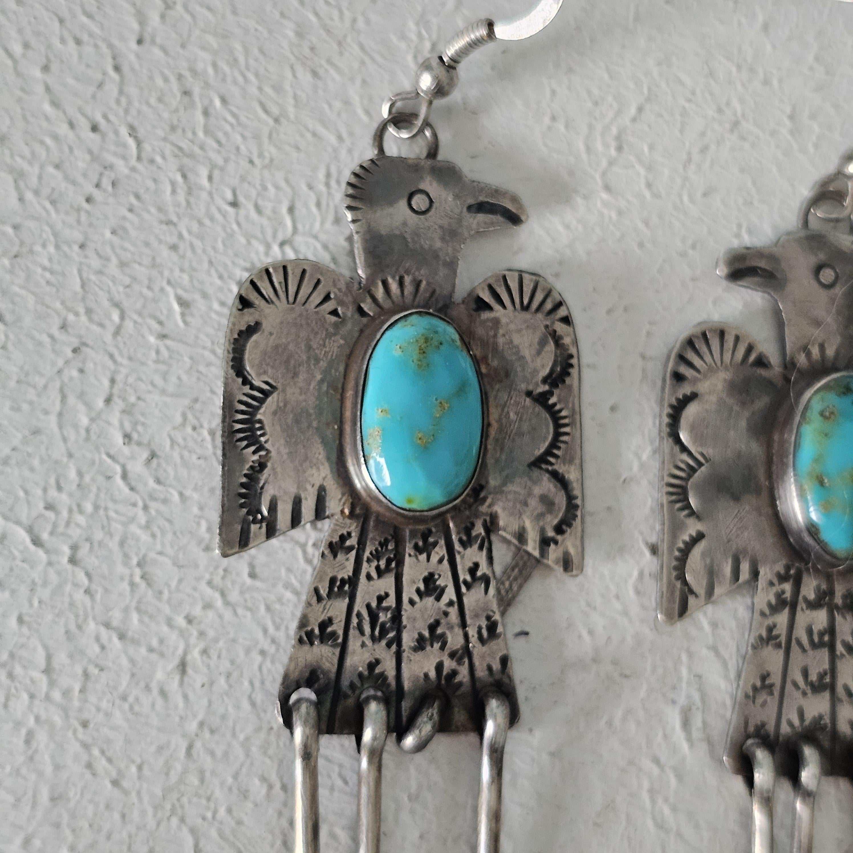 Thunderbird Turquoise Native Earrings Old Pawn 2 1/2"  JE  637