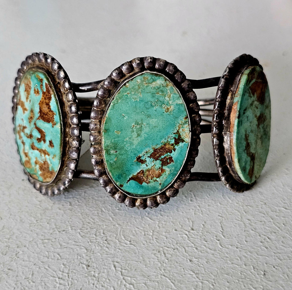 3 Good Royston Turquoise Stones Vintage Native Old Pawn Cuff  fits 6 1/2" wrist. JB 249