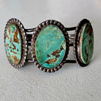3 Good Royston Turquoise Stones Vintage Native Old Pawn Cuff  fits 6 1/2" wrist. JB 249