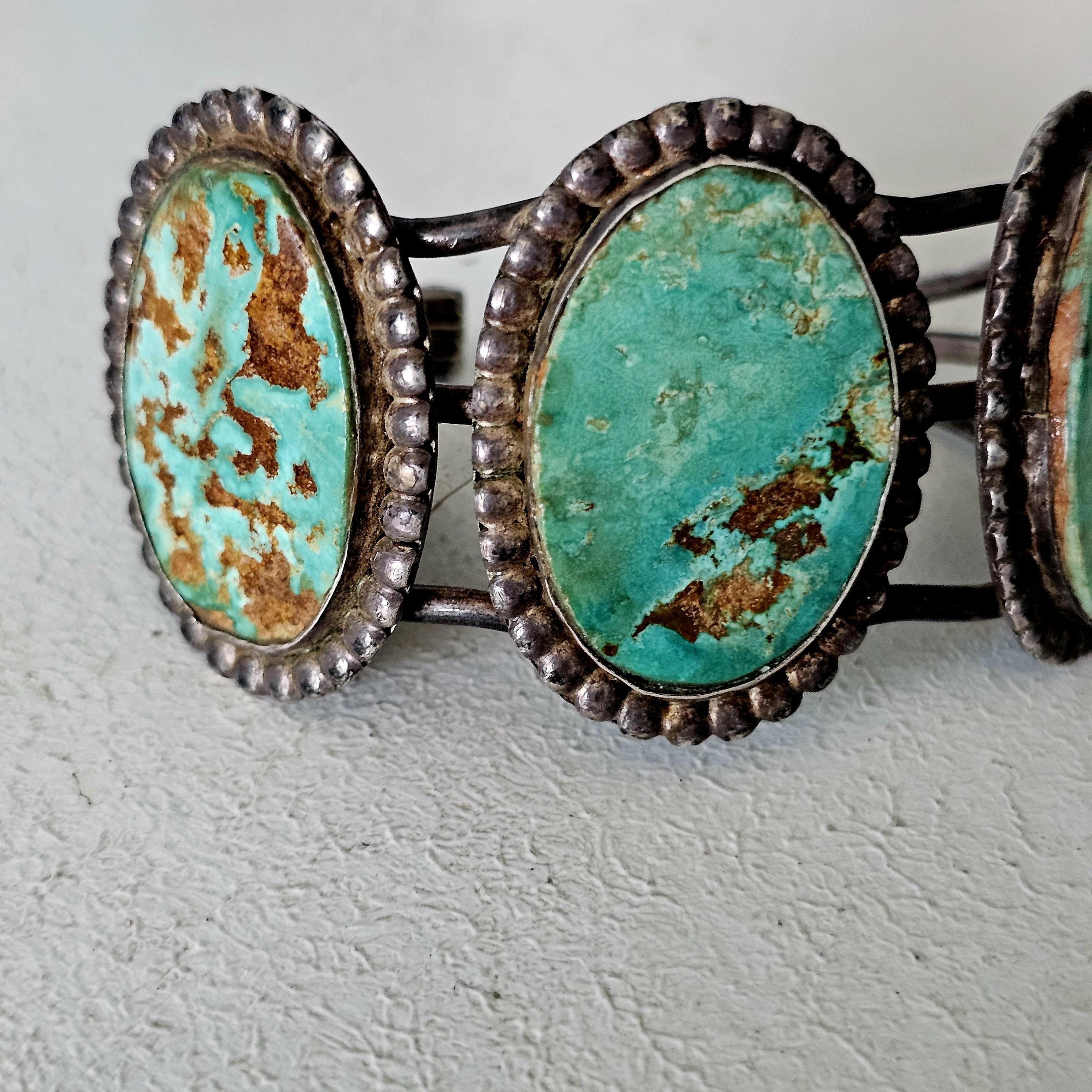 3 Good Royston Turquoise Stones Vintage Native Old Pawn Cuff  fits 6 1/2" wrist. JB 249