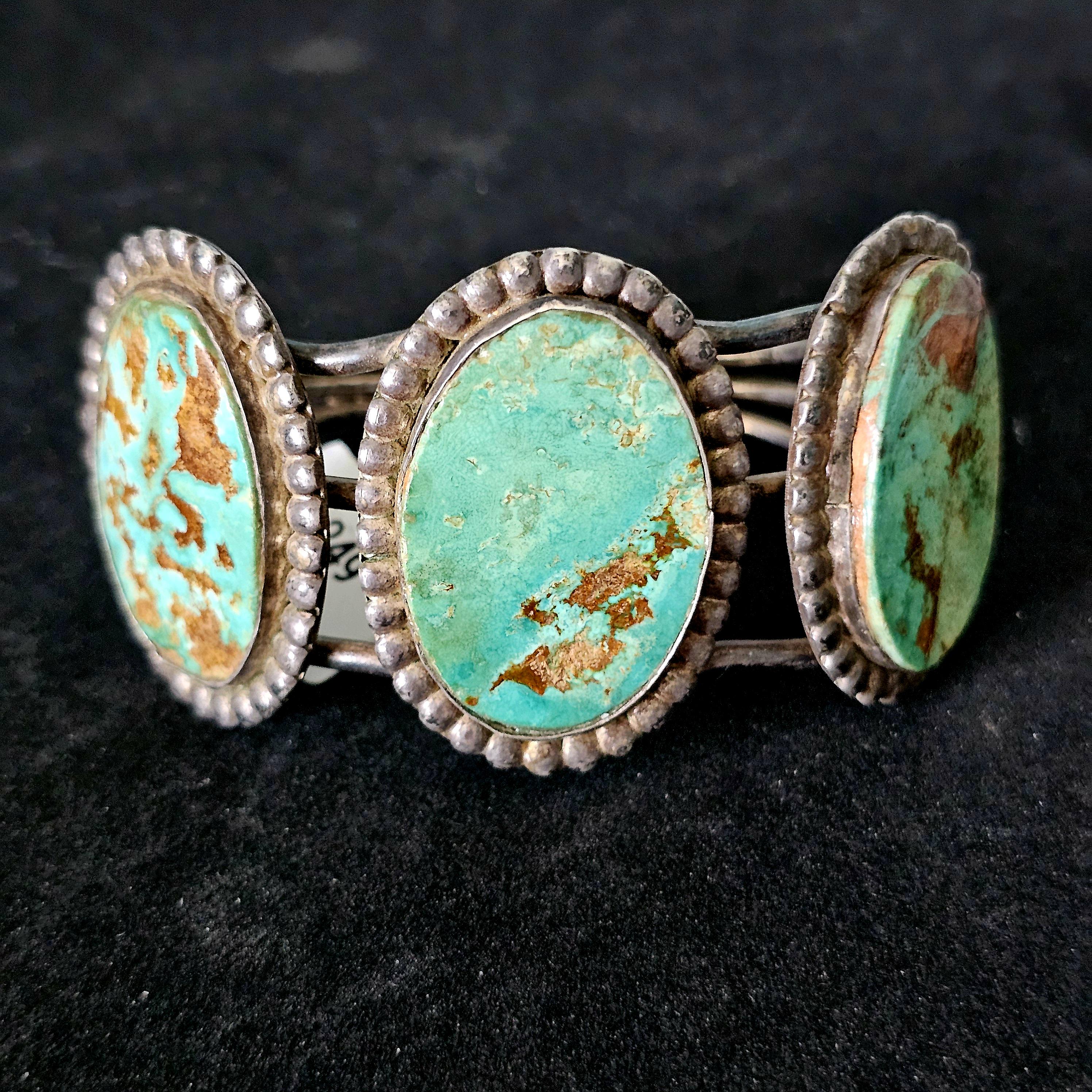 3 Good Royston Turquoise Stones Vintage Native Old Pawn Cuff  fits 6 1/2" wrist. JB 249