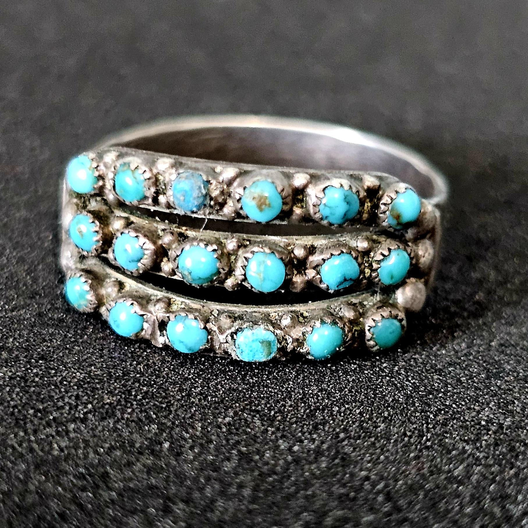 1940s Zuni Triple Band  Snakeye Turquoise Silver Ring Vintage Sterling Size 7 1/2 JR 473
