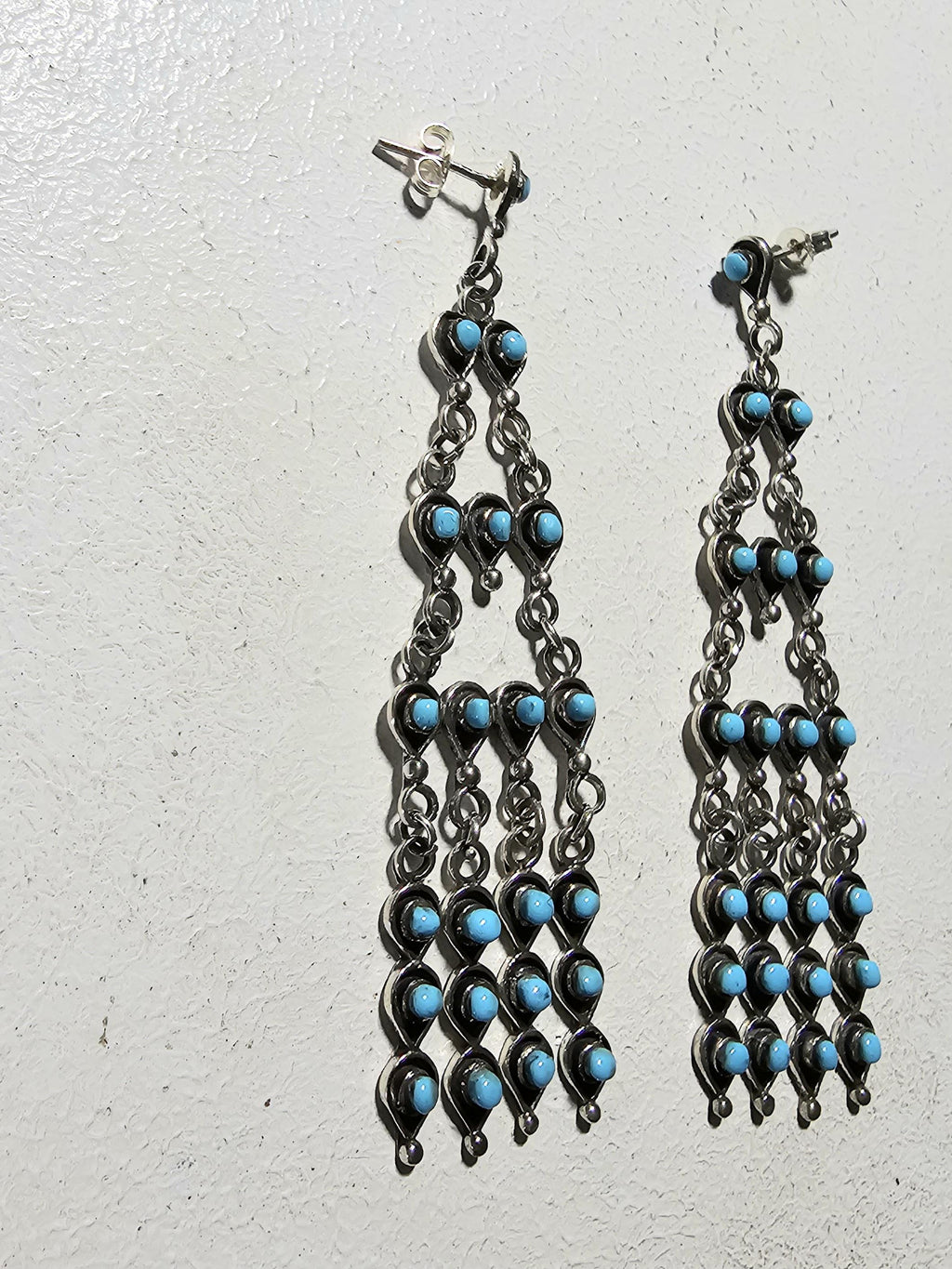 Long 3" Vintage Turquoise Zuni Raincloud Earrings Old Pawn JE 638