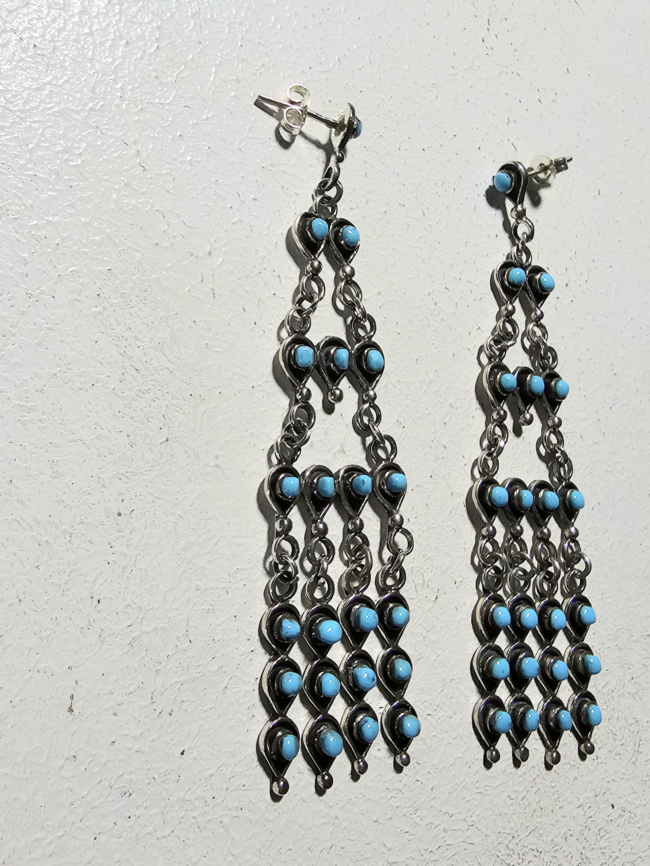 Long 3" Vintage Turquoise Zuni Raincloud Earrings Old Pawn JE 638