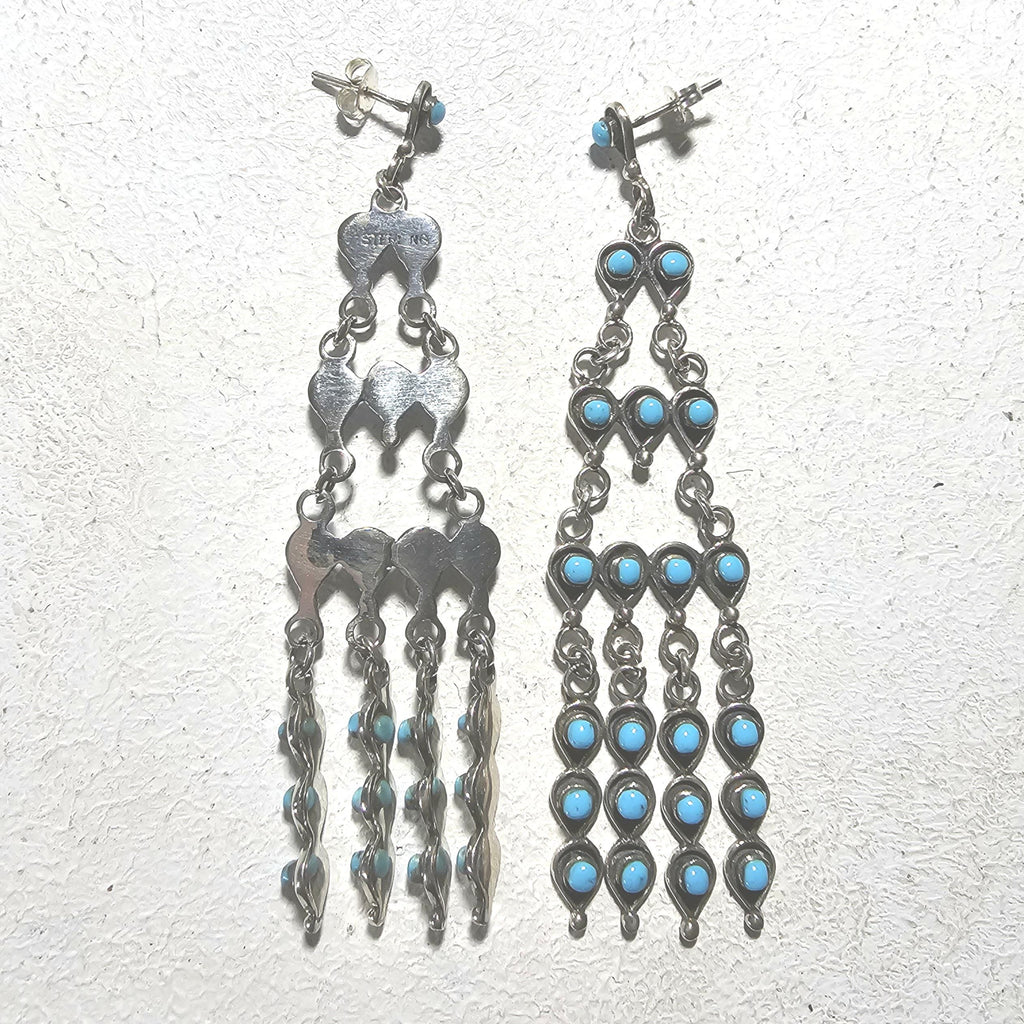 Long 3" Vintage Turquoise Zuni Raincloud Earrings Old Pawn JE 638