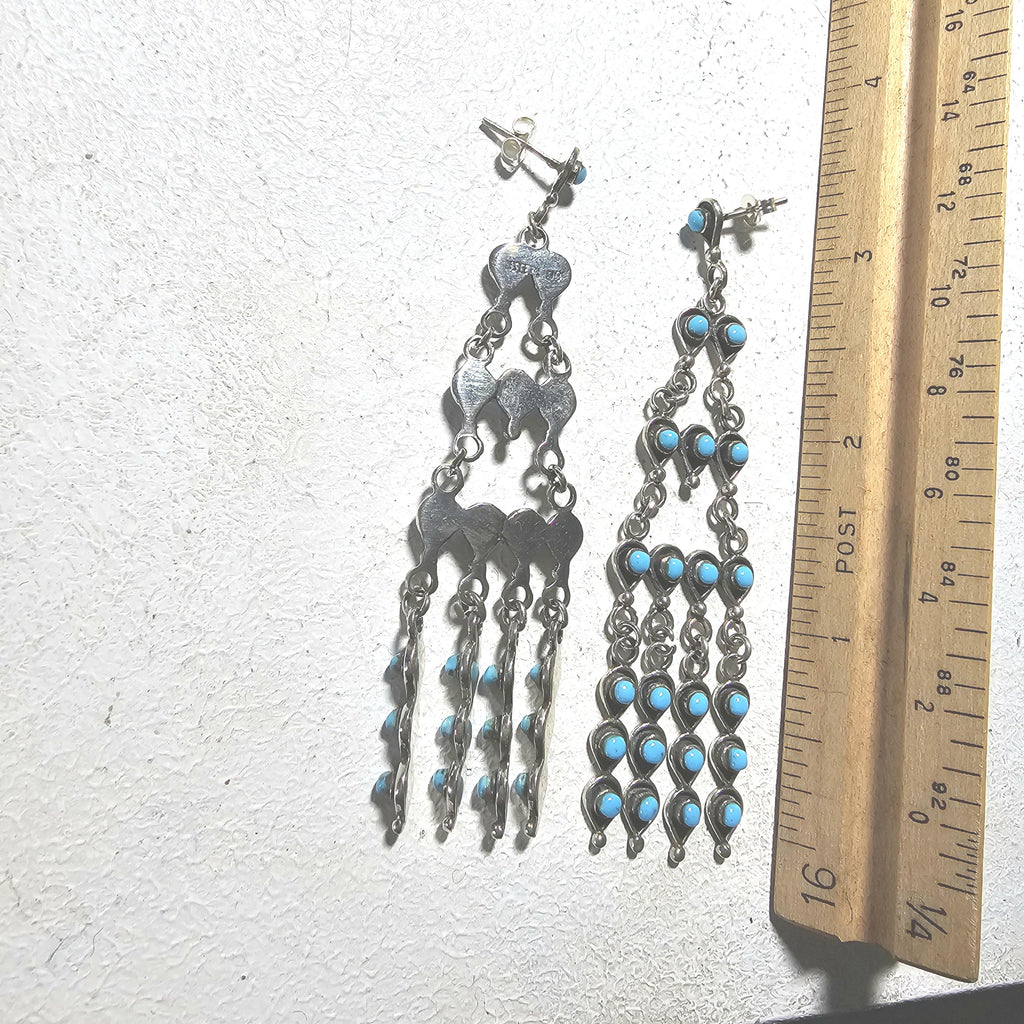 Long 3" Vintage Turquoise Zuni Raincloud Earrings Old Pawn JE 638