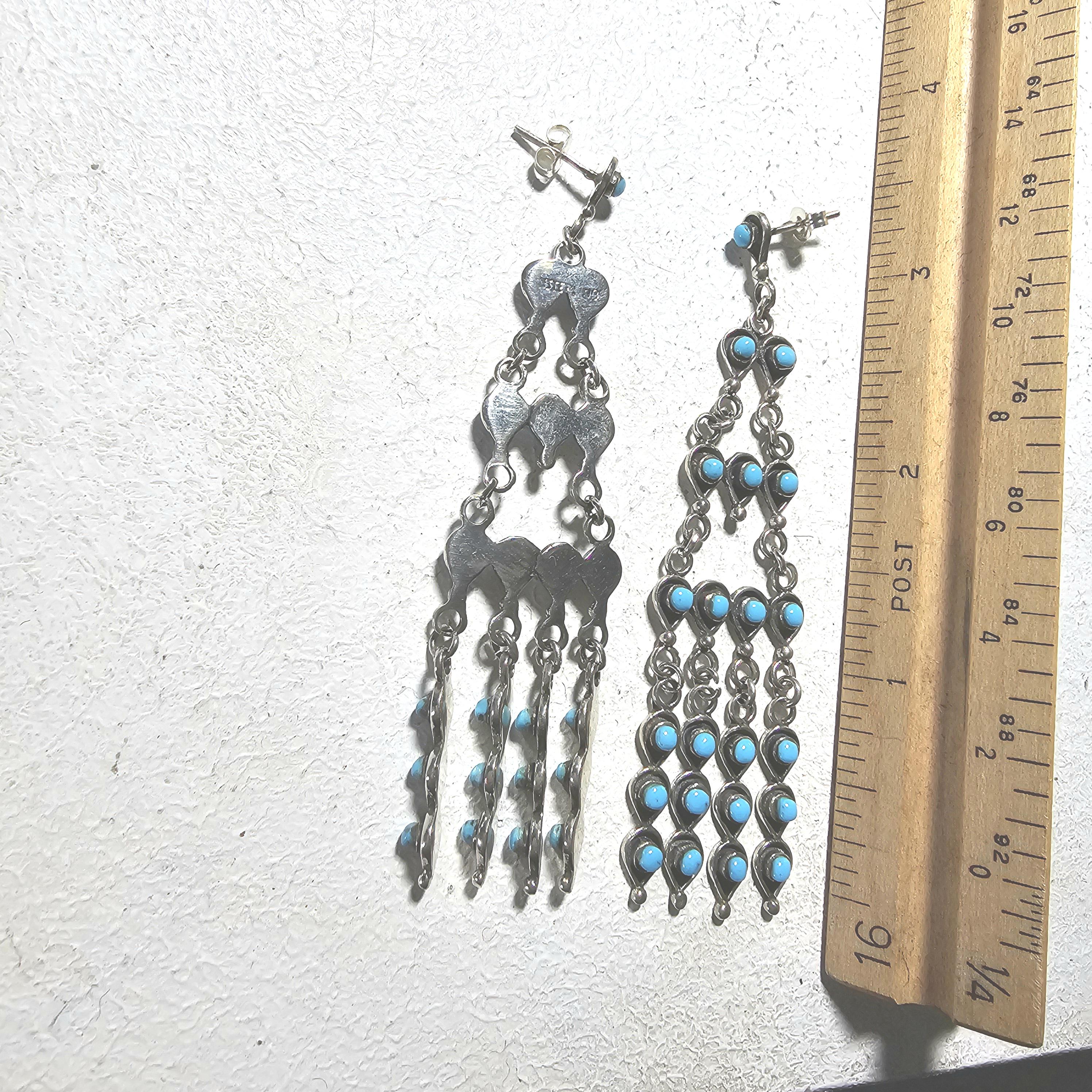 Long 3" Vintage Turquoise Zuni Raincloud Earrings Old Pawn JE 638