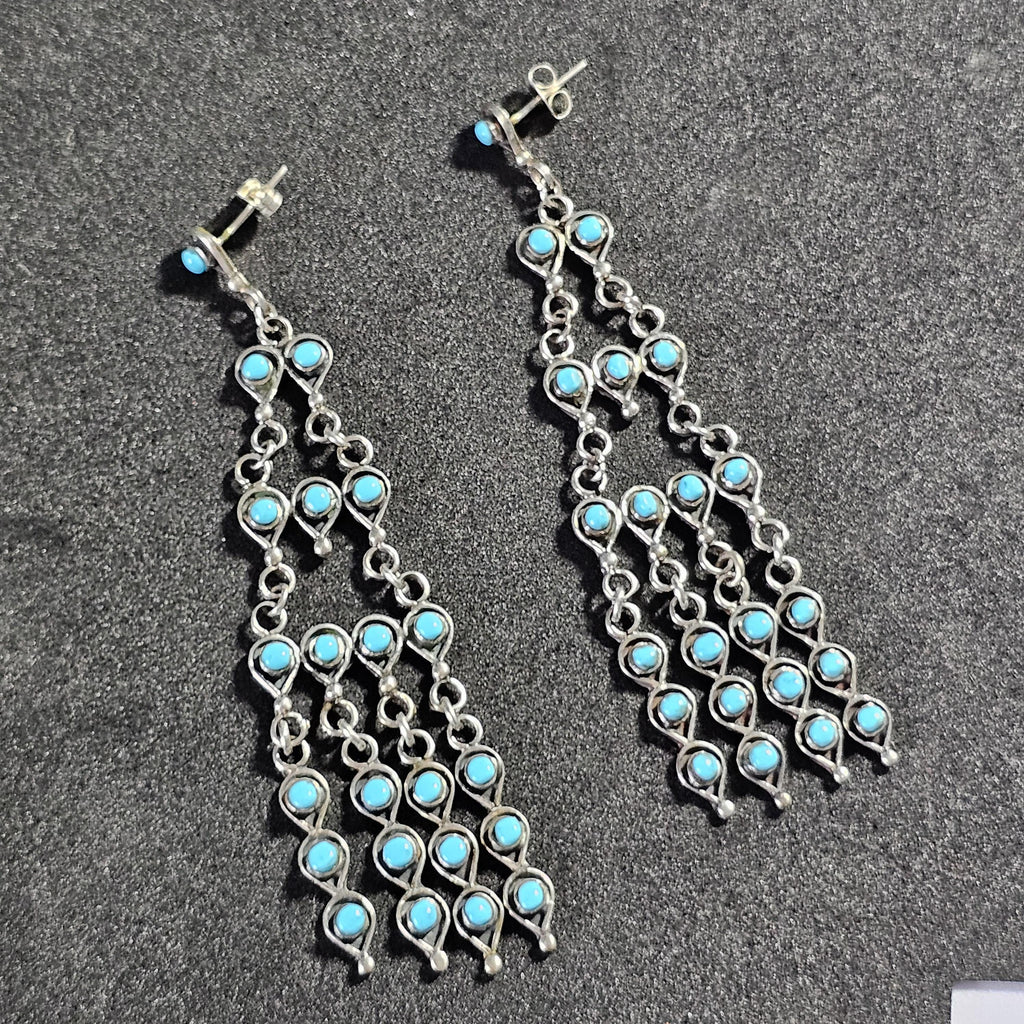 Long 3" Vintage Turquoise Zuni Raincloud Earrings Old Pawn JE 638