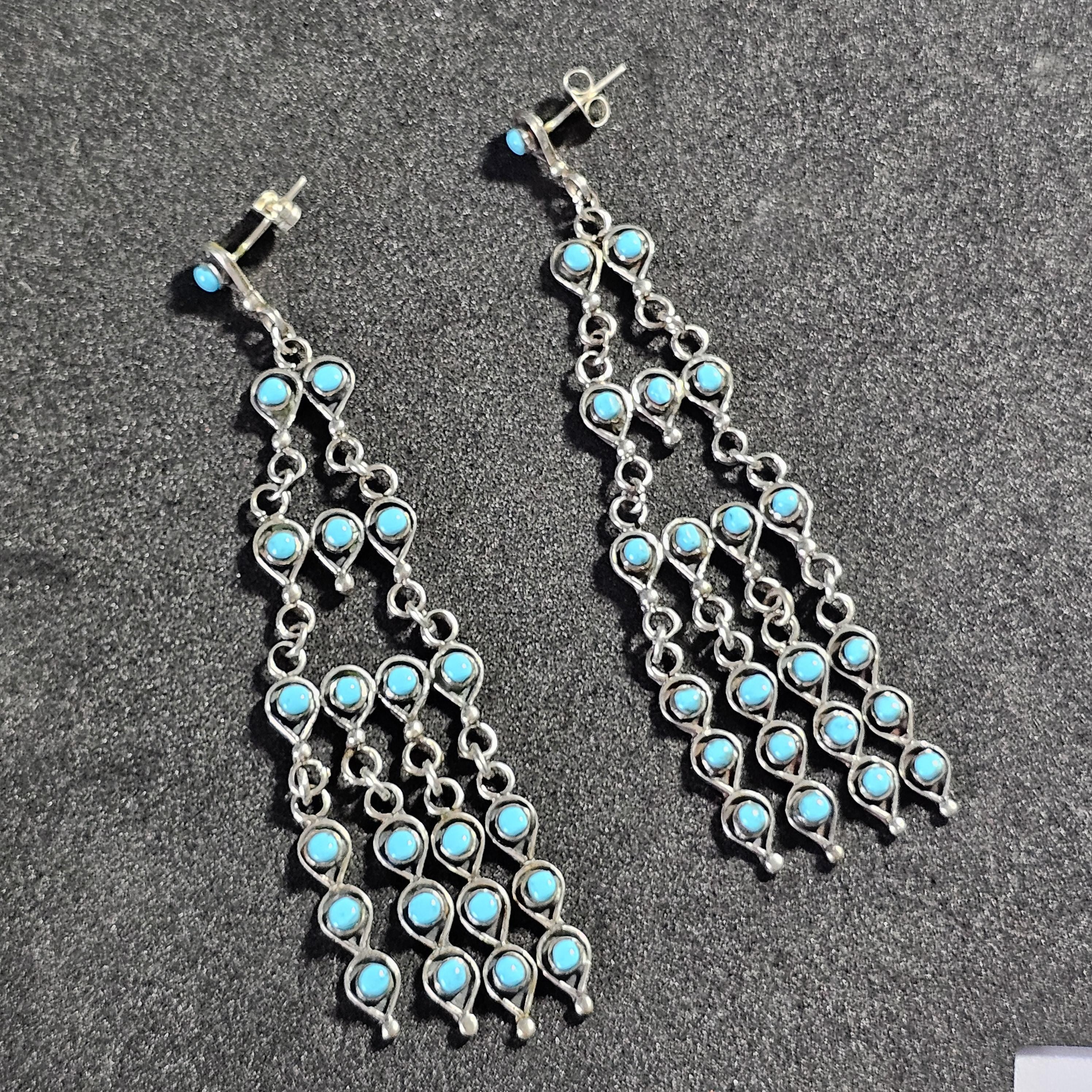 Long 3" Vintage Turquoise Zuni Raincloud Earrings Old Pawn JE 638