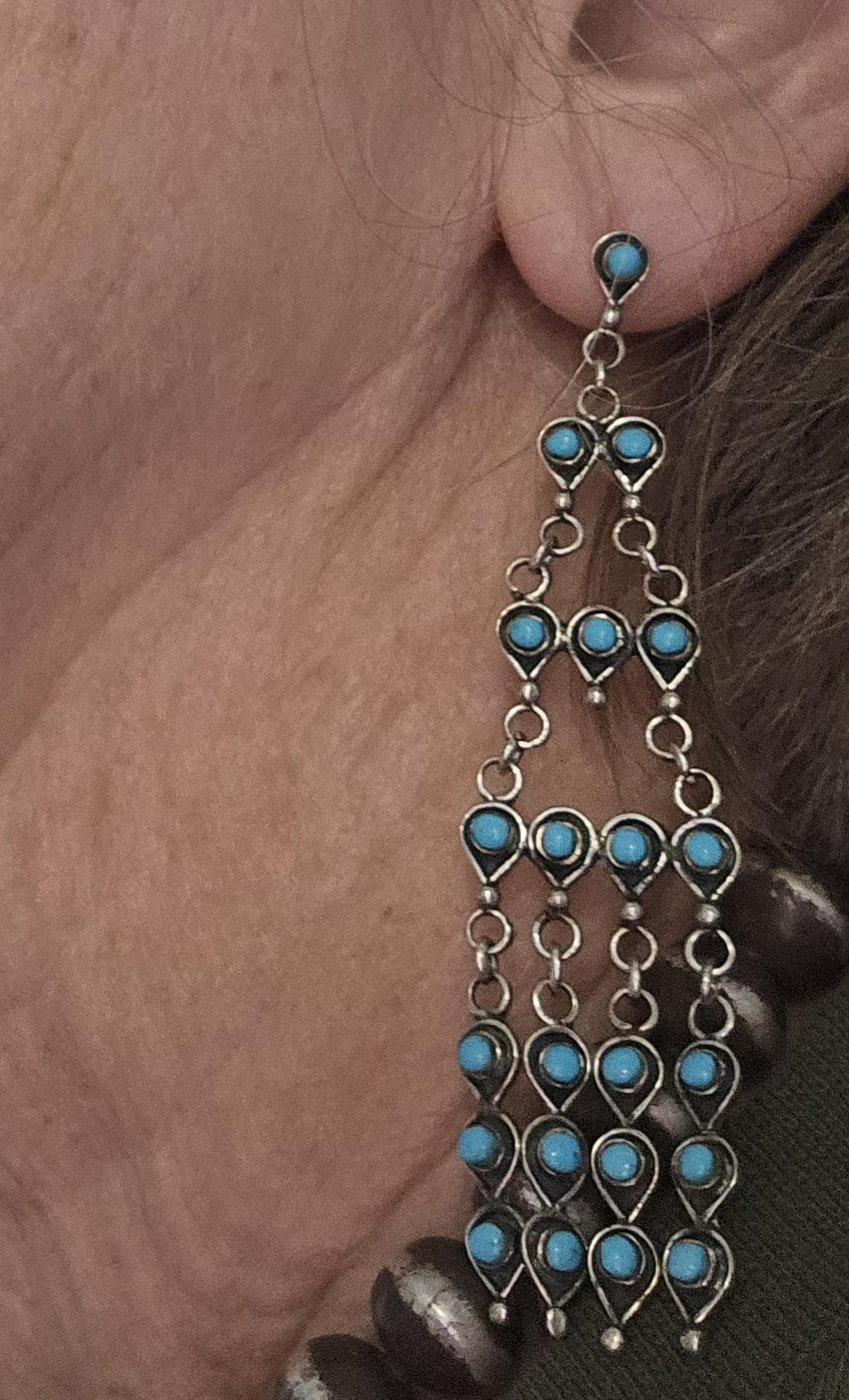 Long 3" Vintage Turquoise Zuni Raincloud Earrings Old Pawn JE 638