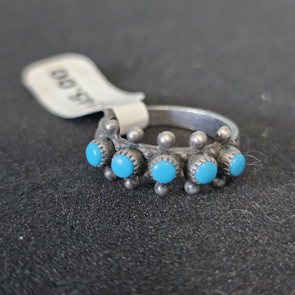 1940s Zuni Snakeye 5 Blue Turquoise Silver Ring Vintage Sterling Old Pawn Size 6 JR 321