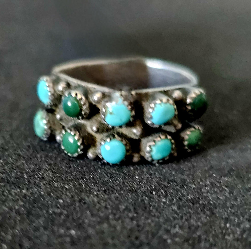 1940s 2 Row Zuni Snakeye 5 Blue/Green Turquoise Silver Ring Vintage Sterling Old Pawn Size 6 JR 336