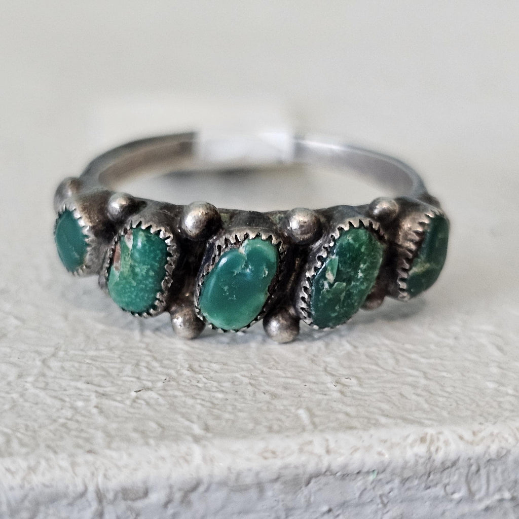 1940s Zuni Snake Eye 5 Ceriilos Turquoise Silver Ring Vintage Sterling Old Pawn Size 7 1/2 JR 634