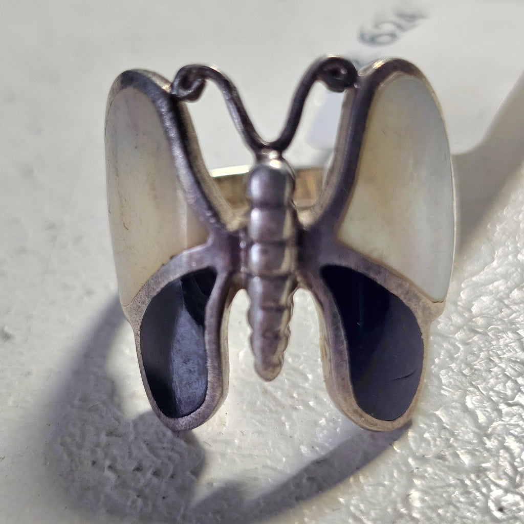 Black and White Butterfly Vintage Native Ring Size 9 Old Pawn JR 624